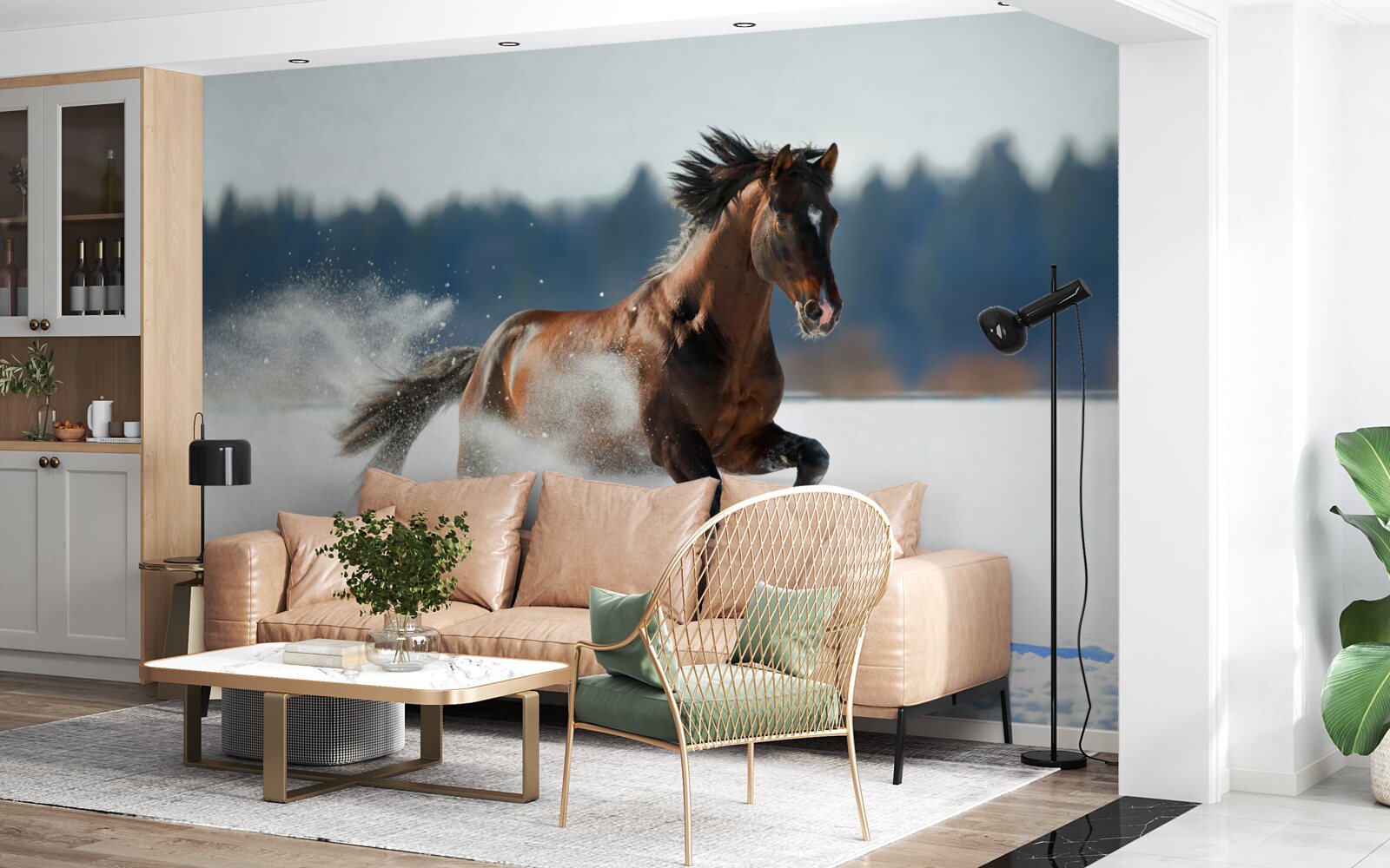 Papier peint un cheval galope dans la neige