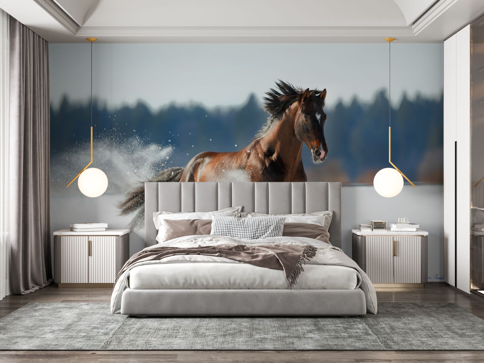 Papier peint un cheval galope dans la neige