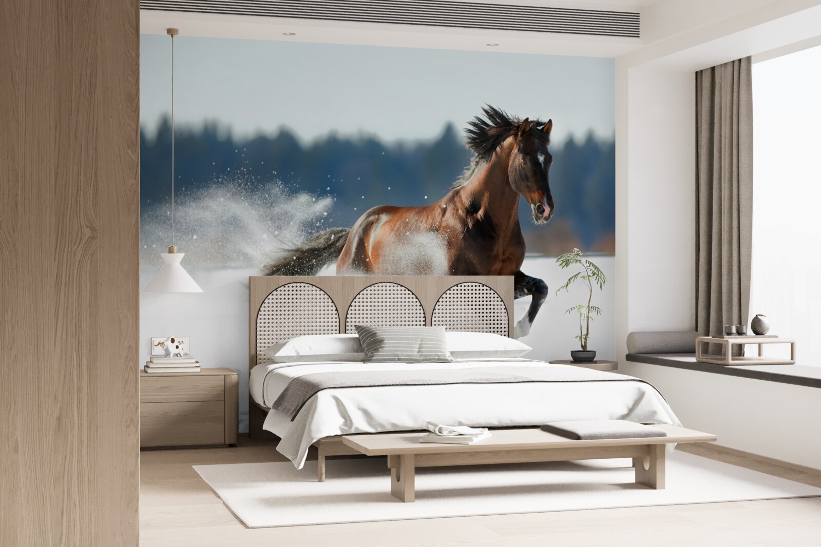 Papier peint un cheval galope dans la neige