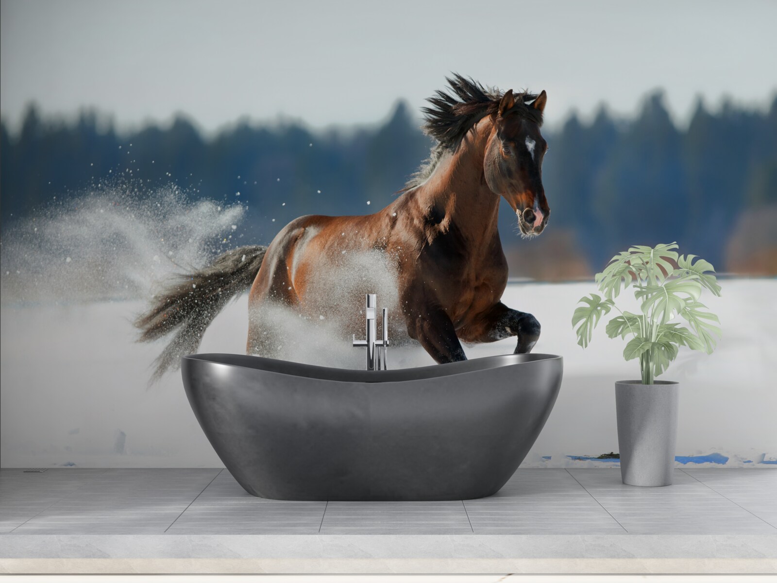 Papier peint un cheval galope dans la neige