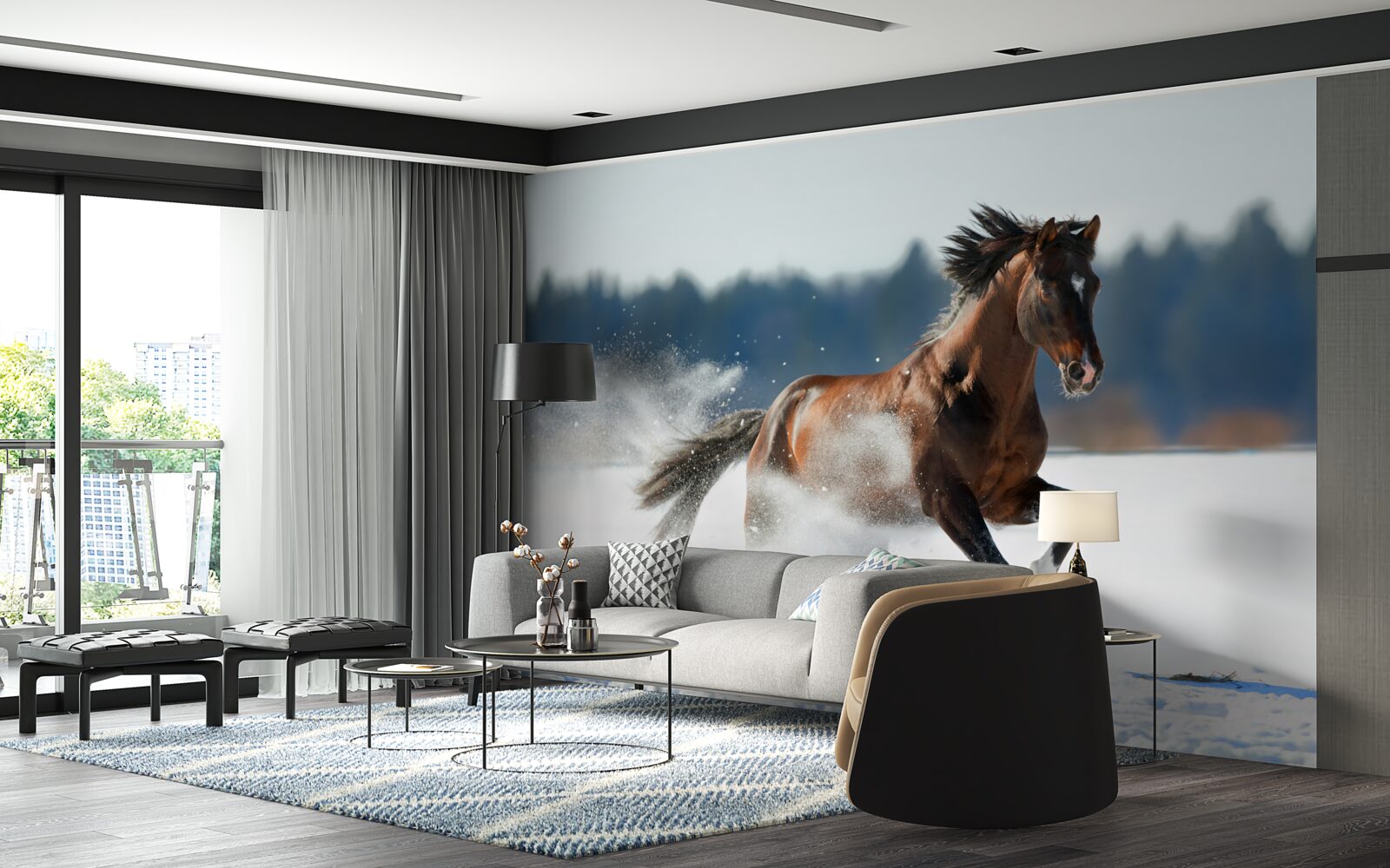 Papier peint un cheval galope dans la neige