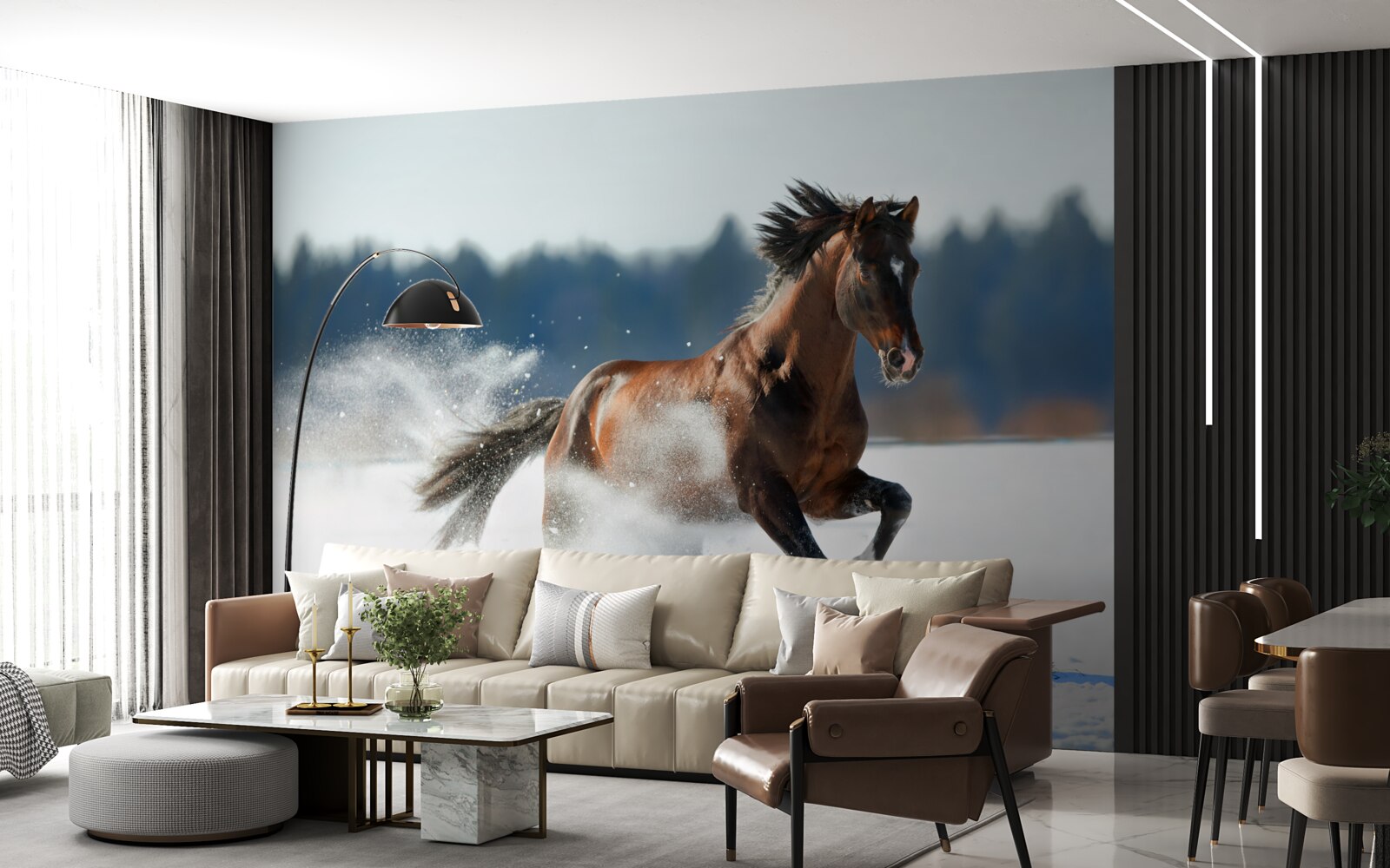 Papier peint un cheval galope dans la neige