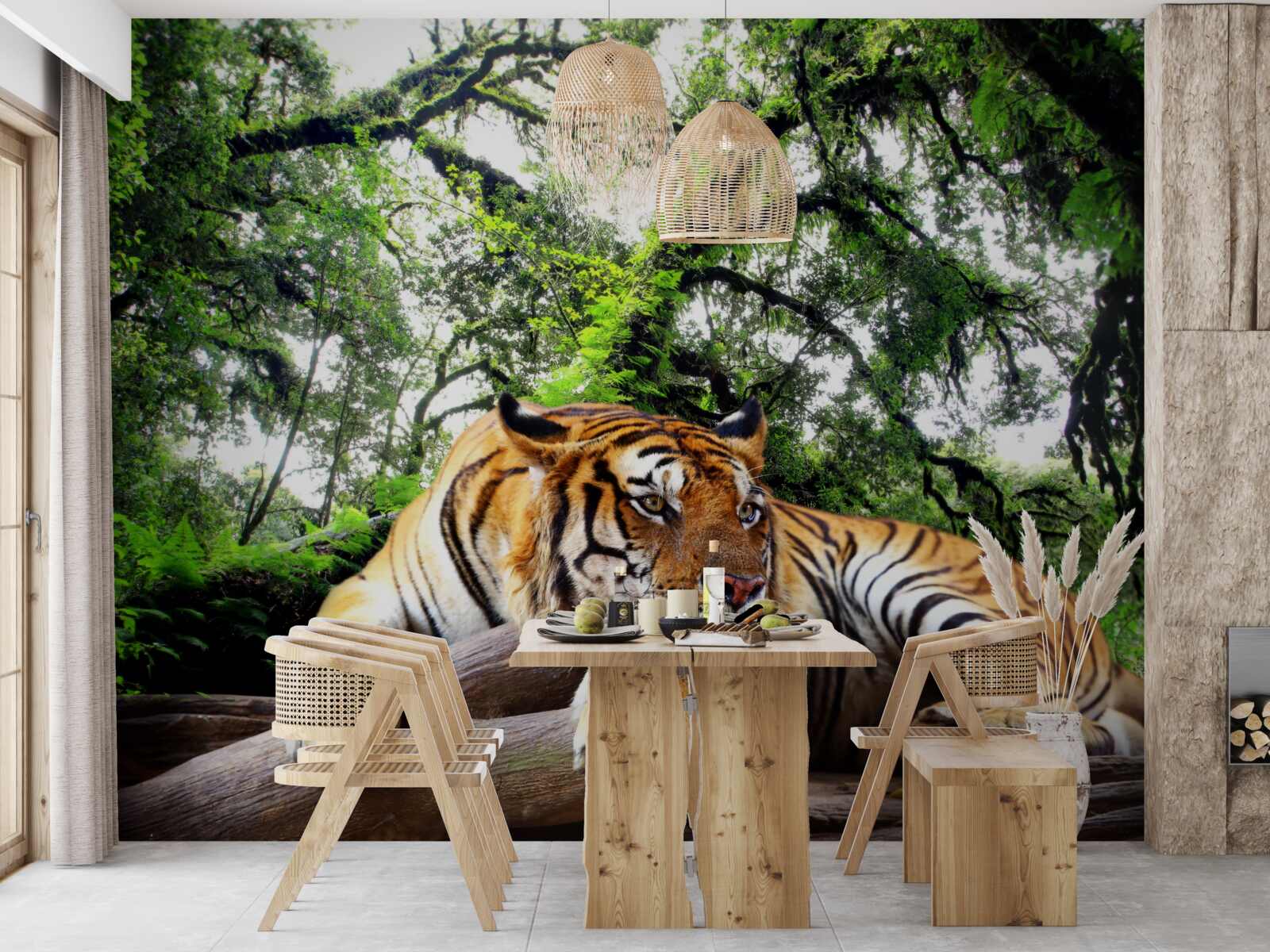 Papier peint un tigre se repose dans une jungle tropicale sauvage