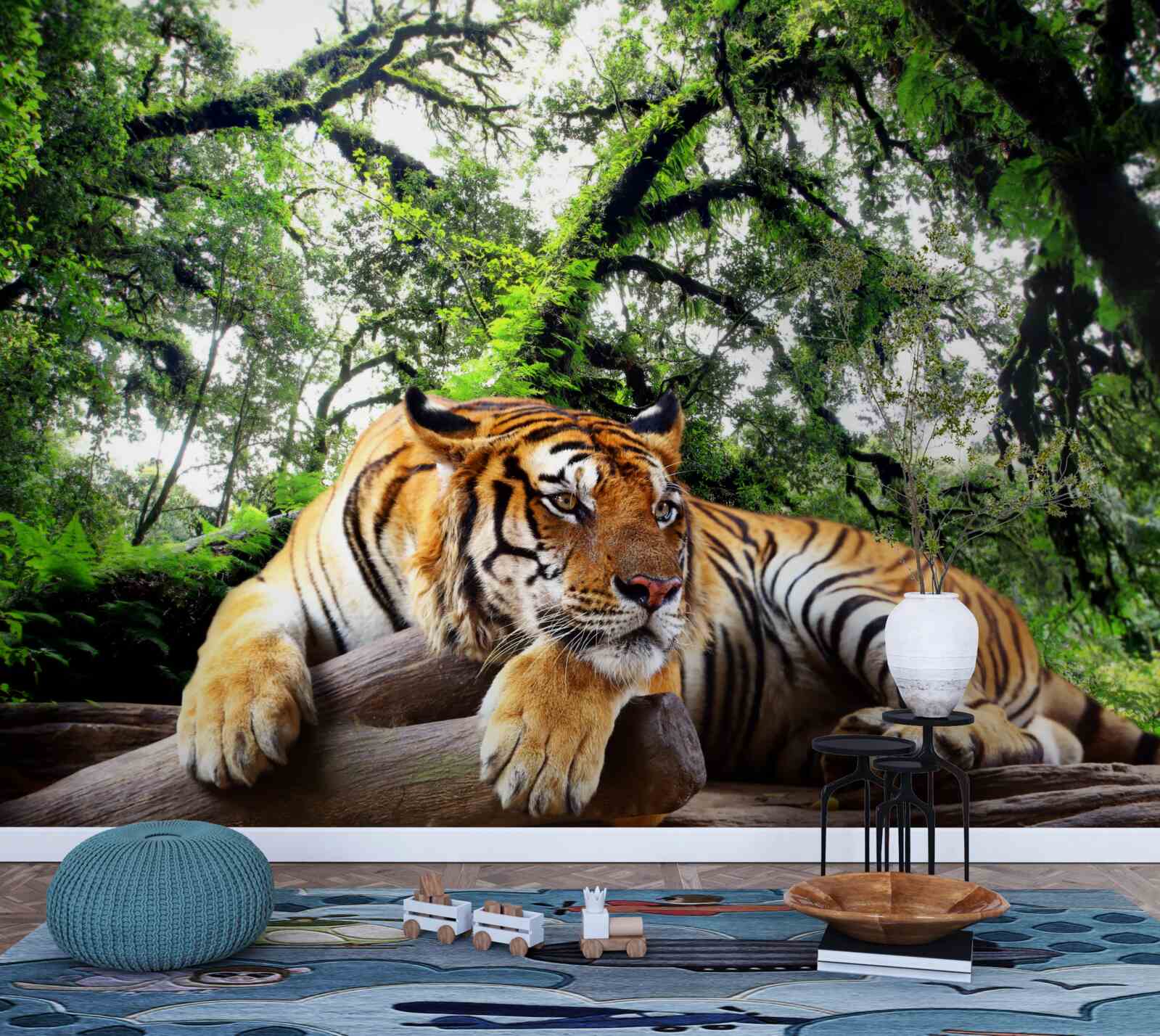 Papier peint un tigre se repose dans une jungle tropicale sauvage