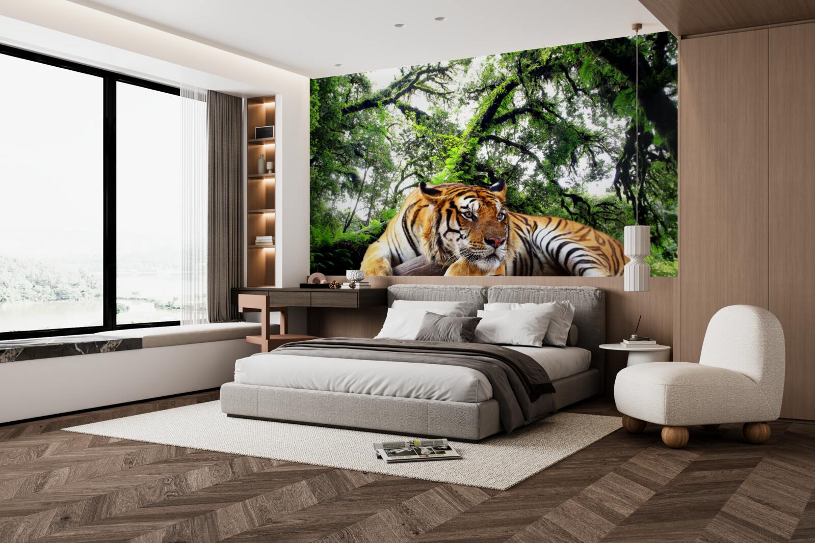 Papier peint un tigre se repose dans une jungle tropicale sauvage