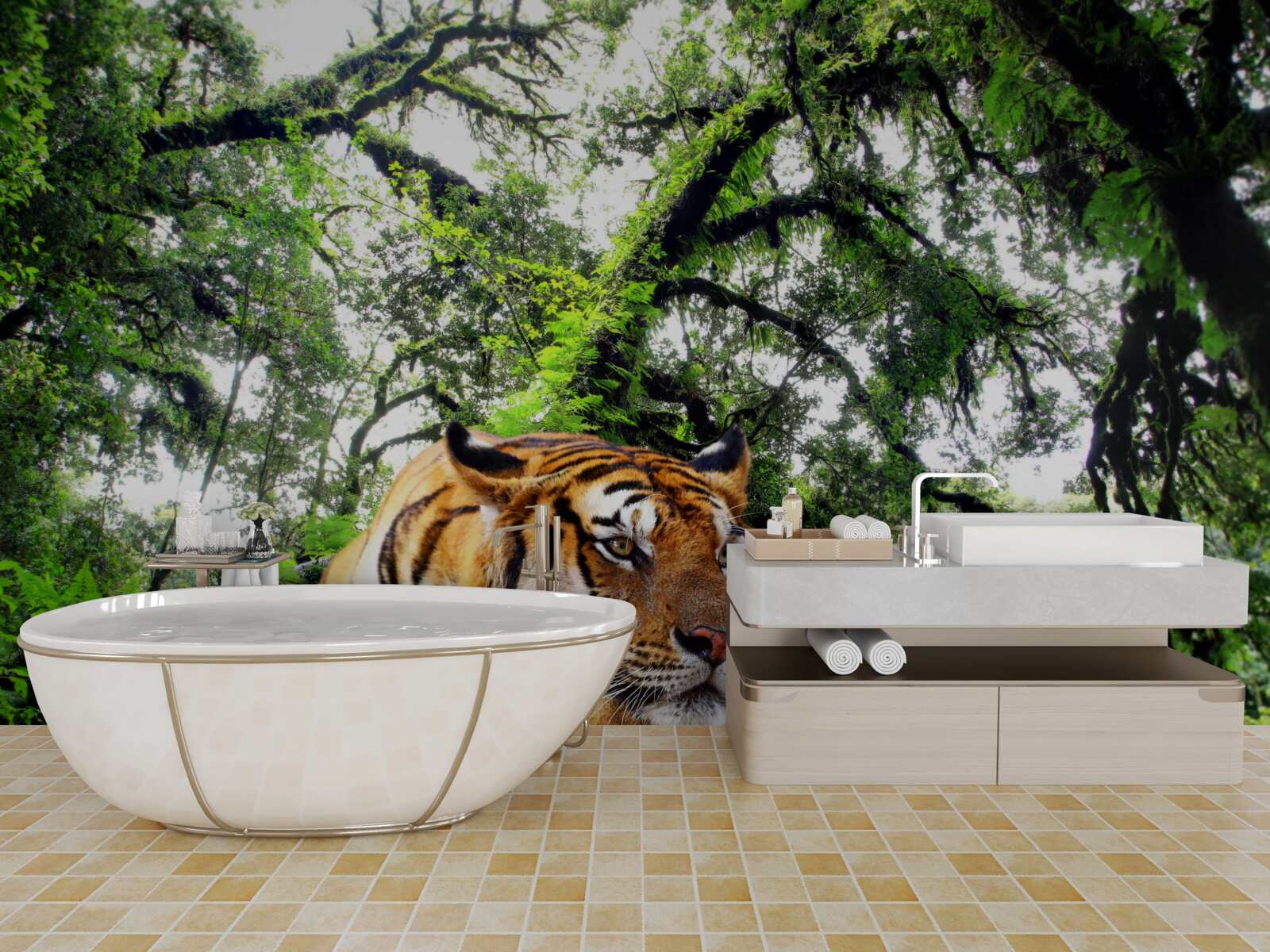 Papier peint un tigre se repose dans une jungle tropicale sauvage