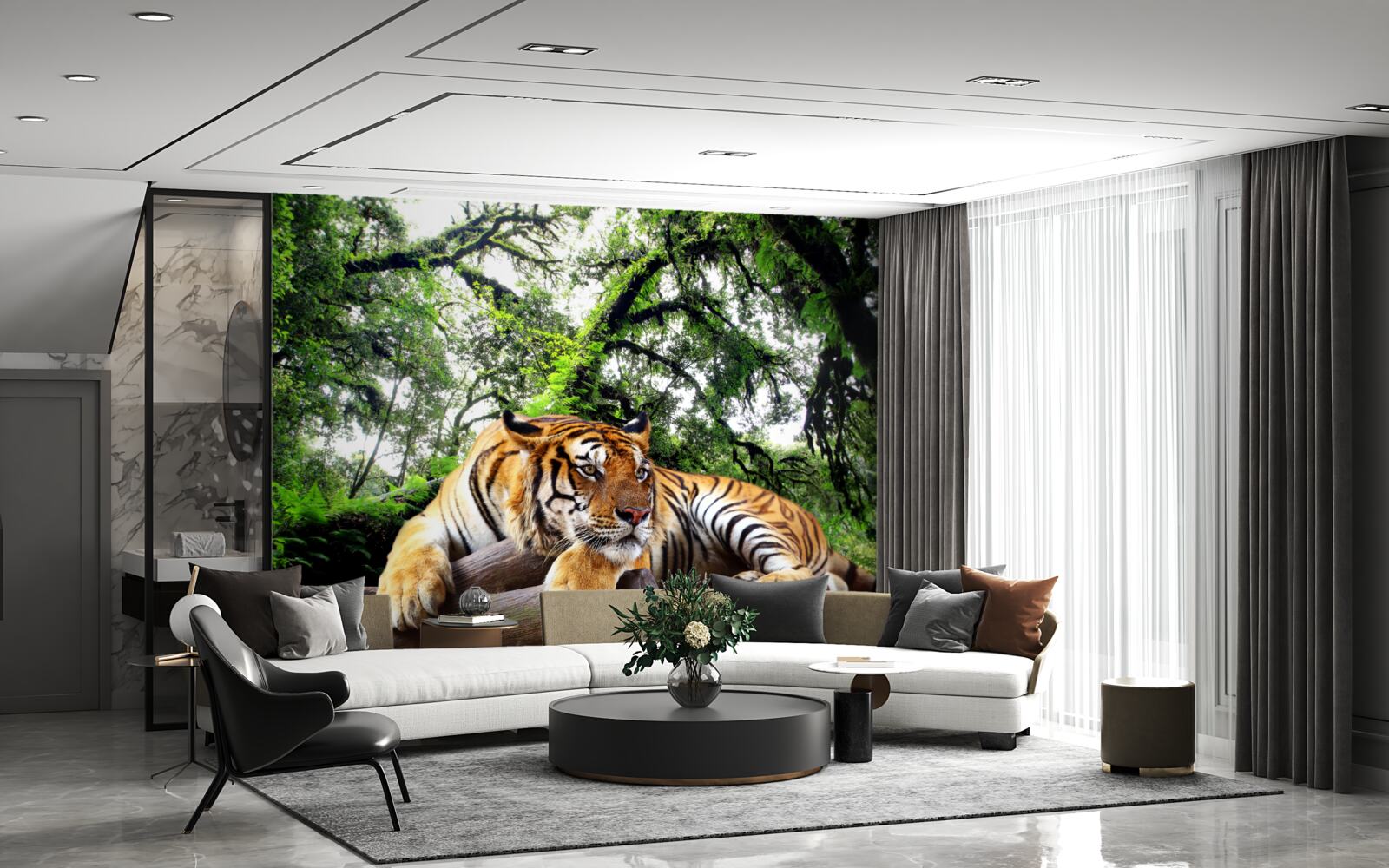 Papier peint un tigre se repose dans une jungle tropicale sauvage