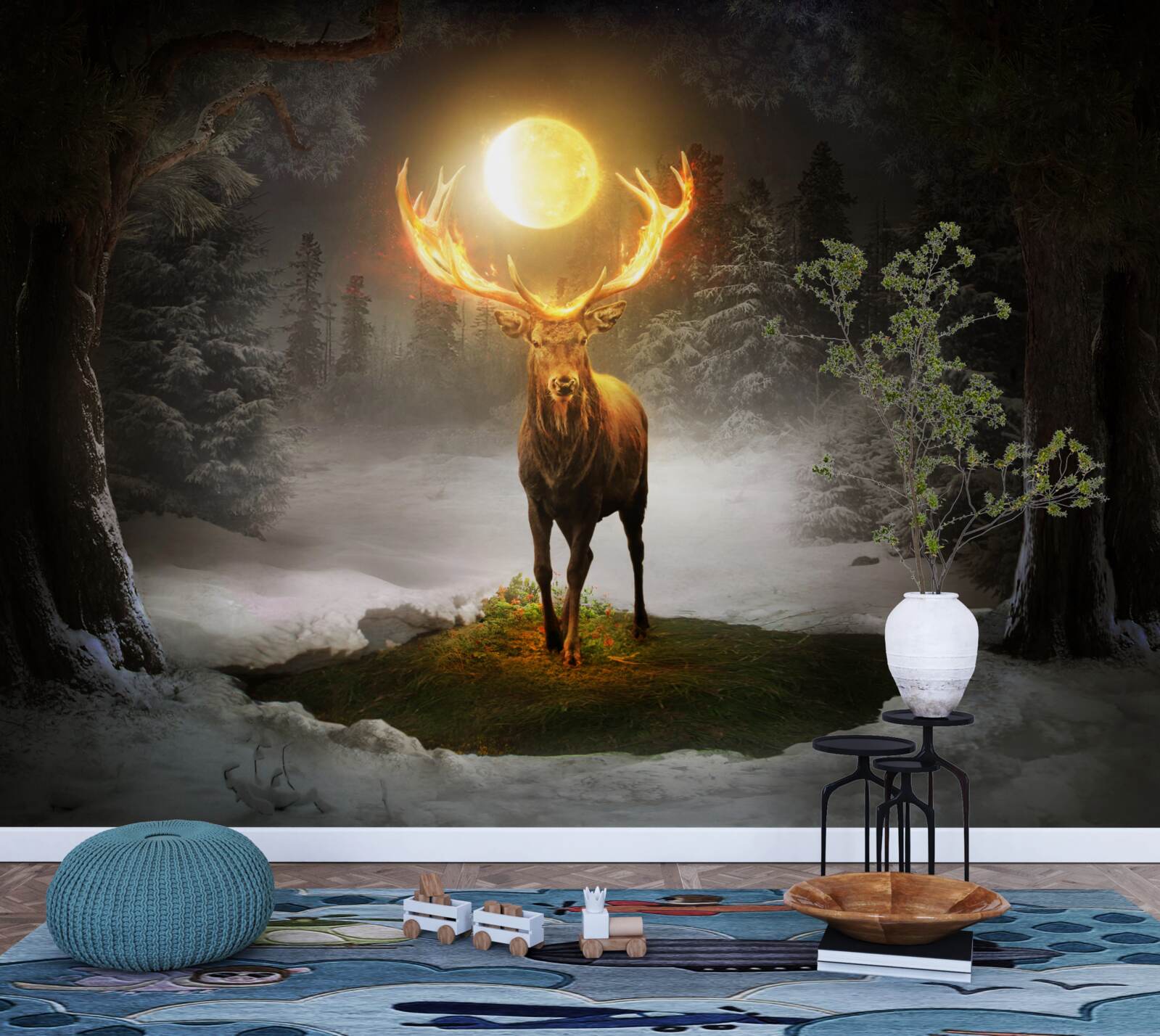 Papier peint cerf énergique et compagnon de la forêt dorée