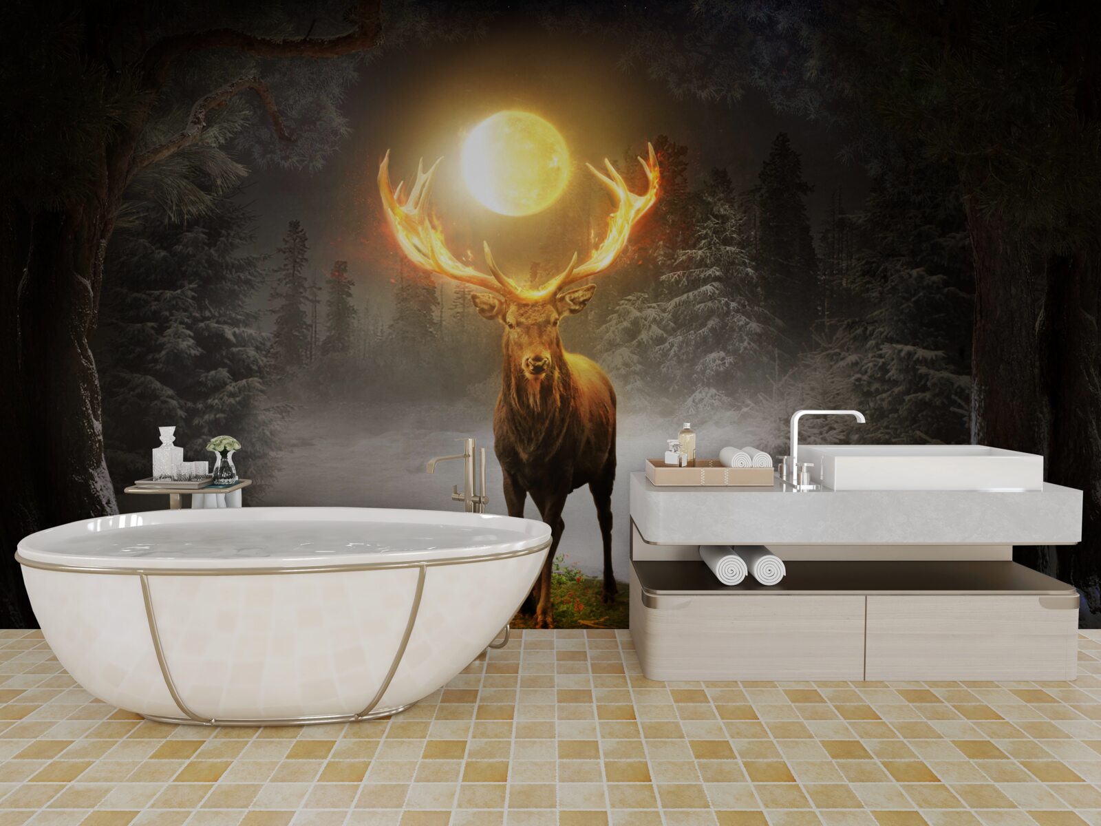 Papier peint cerf énergique et compagnon de la forêt dorée