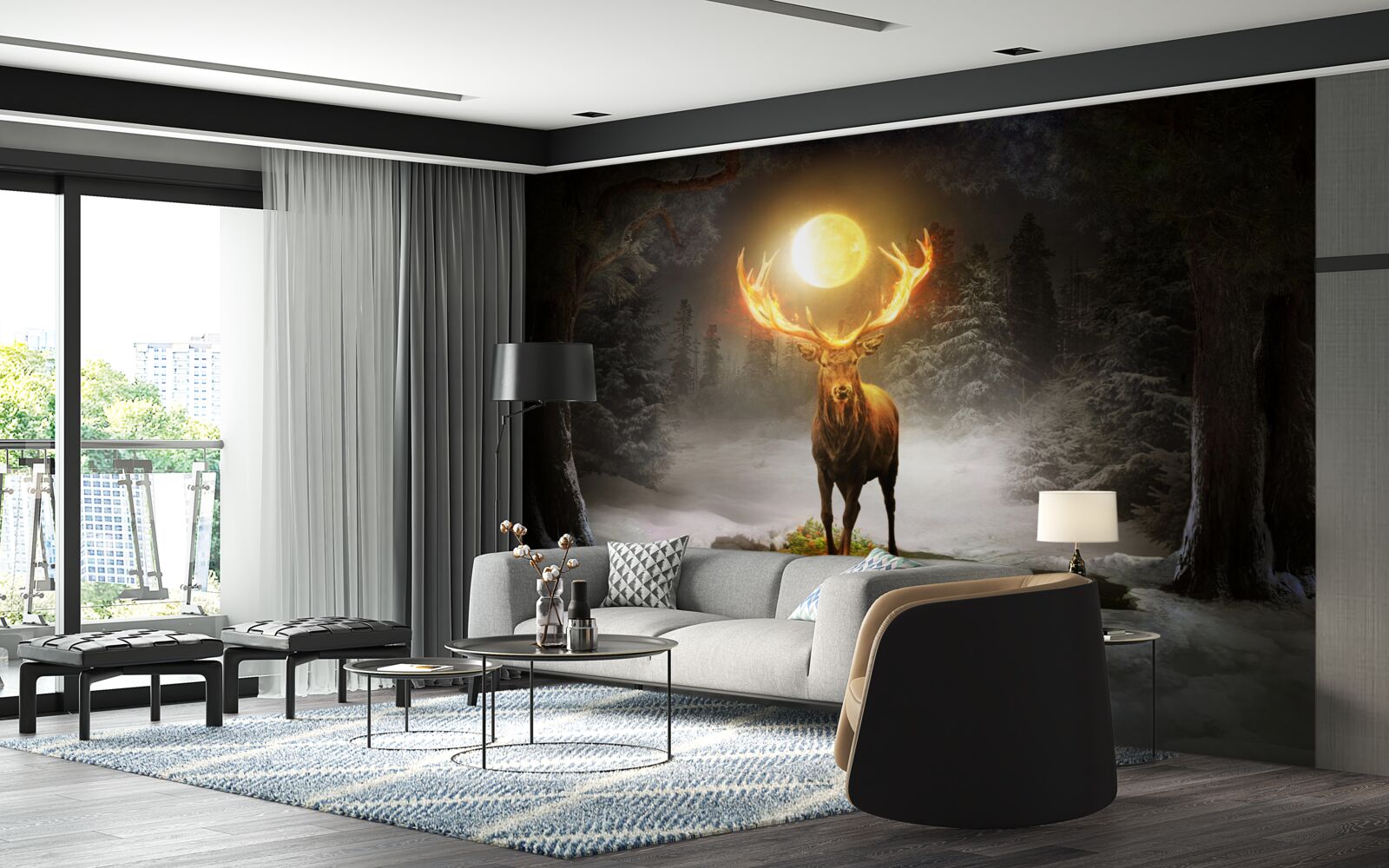 Papier peint cerf énergique et compagnon de la forêt dorée