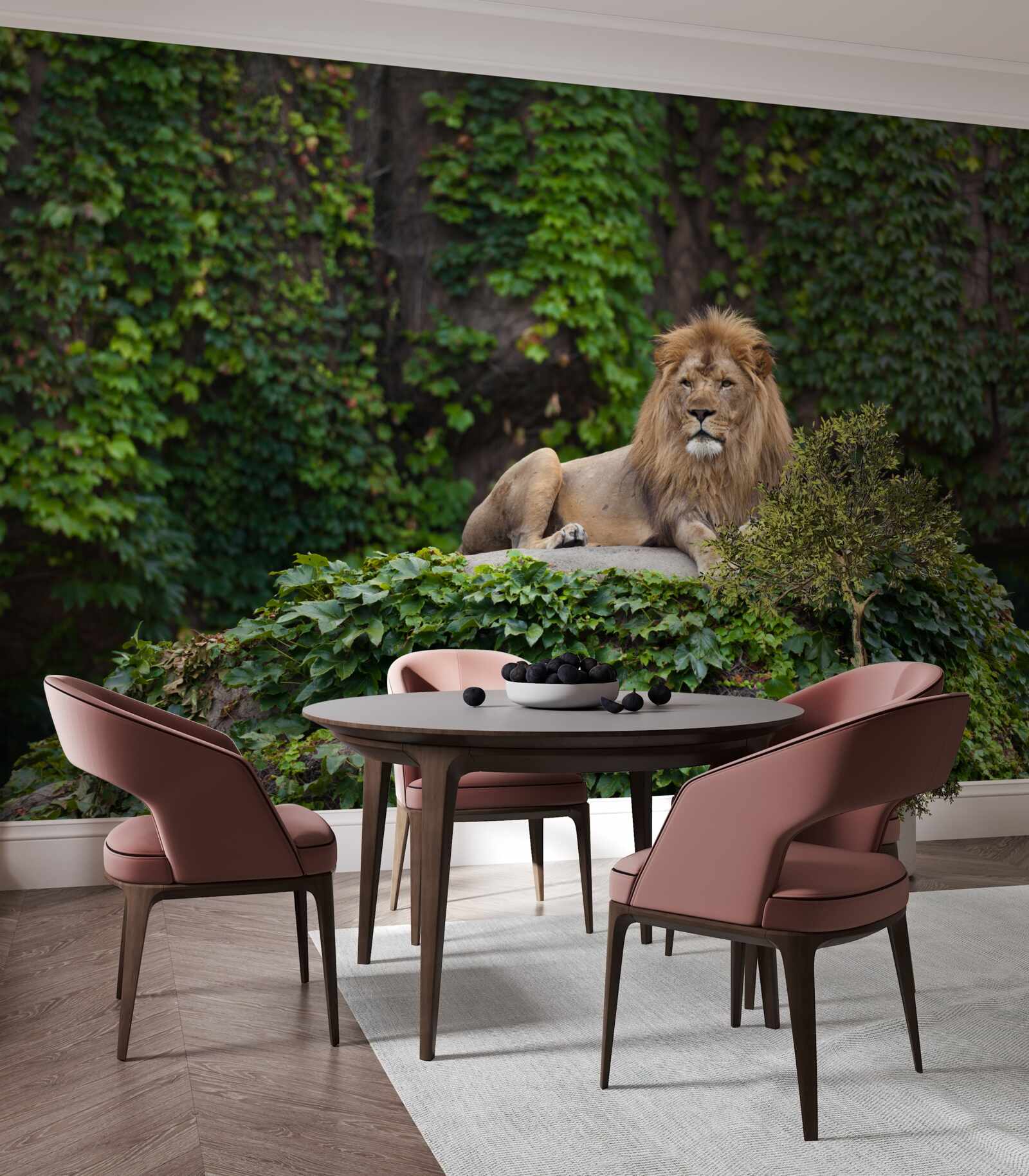 Papier peint un lion majestueux repose sur une pierre recouverte de mousse