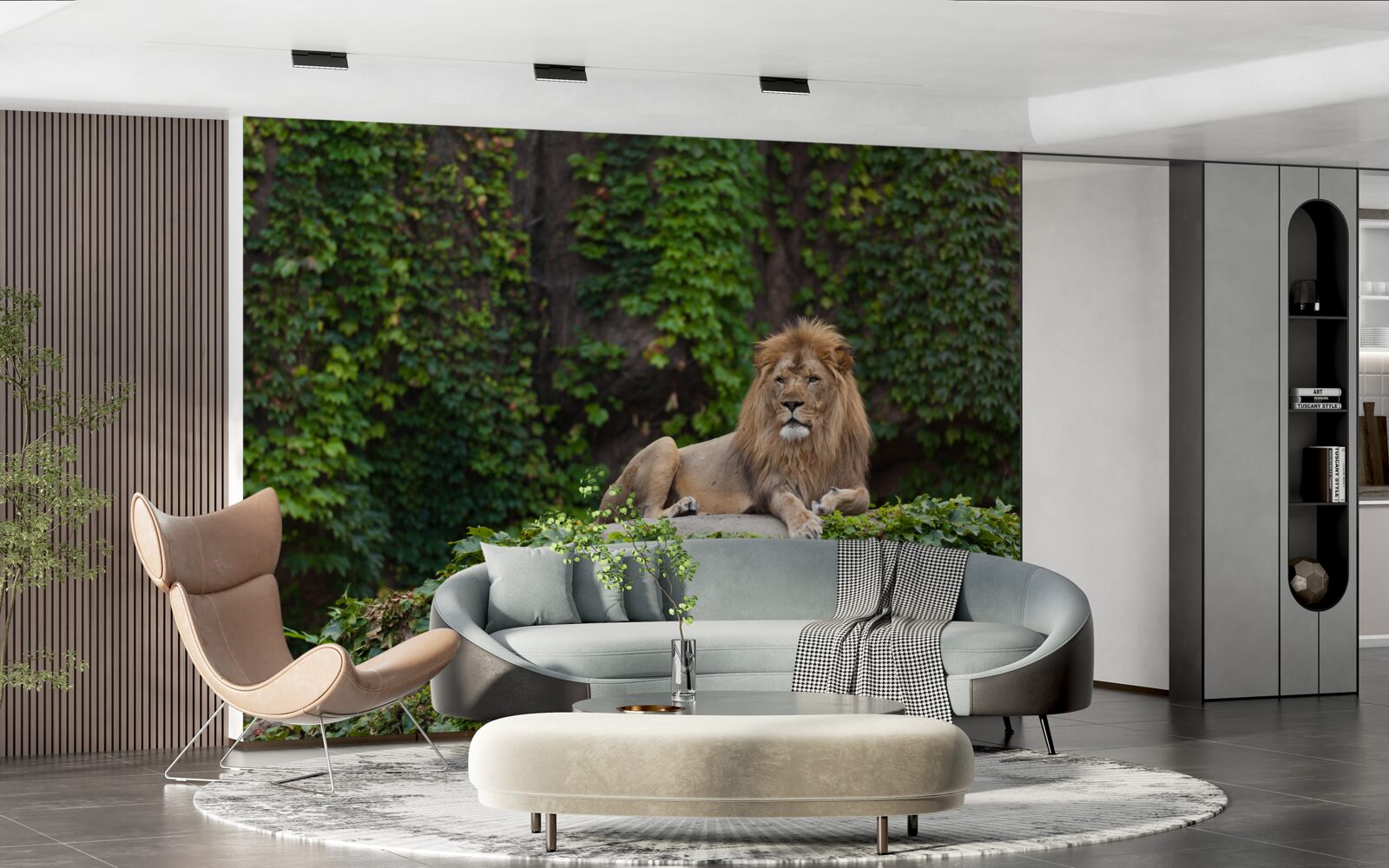 Papier peint un lion majestueux repose sur une pierre recouverte de mousse