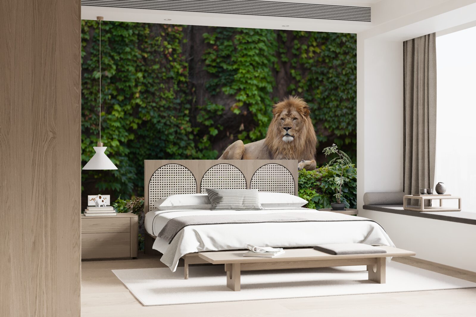 Papier peint un lion majestueux repose sur une pierre recouverte de mousse