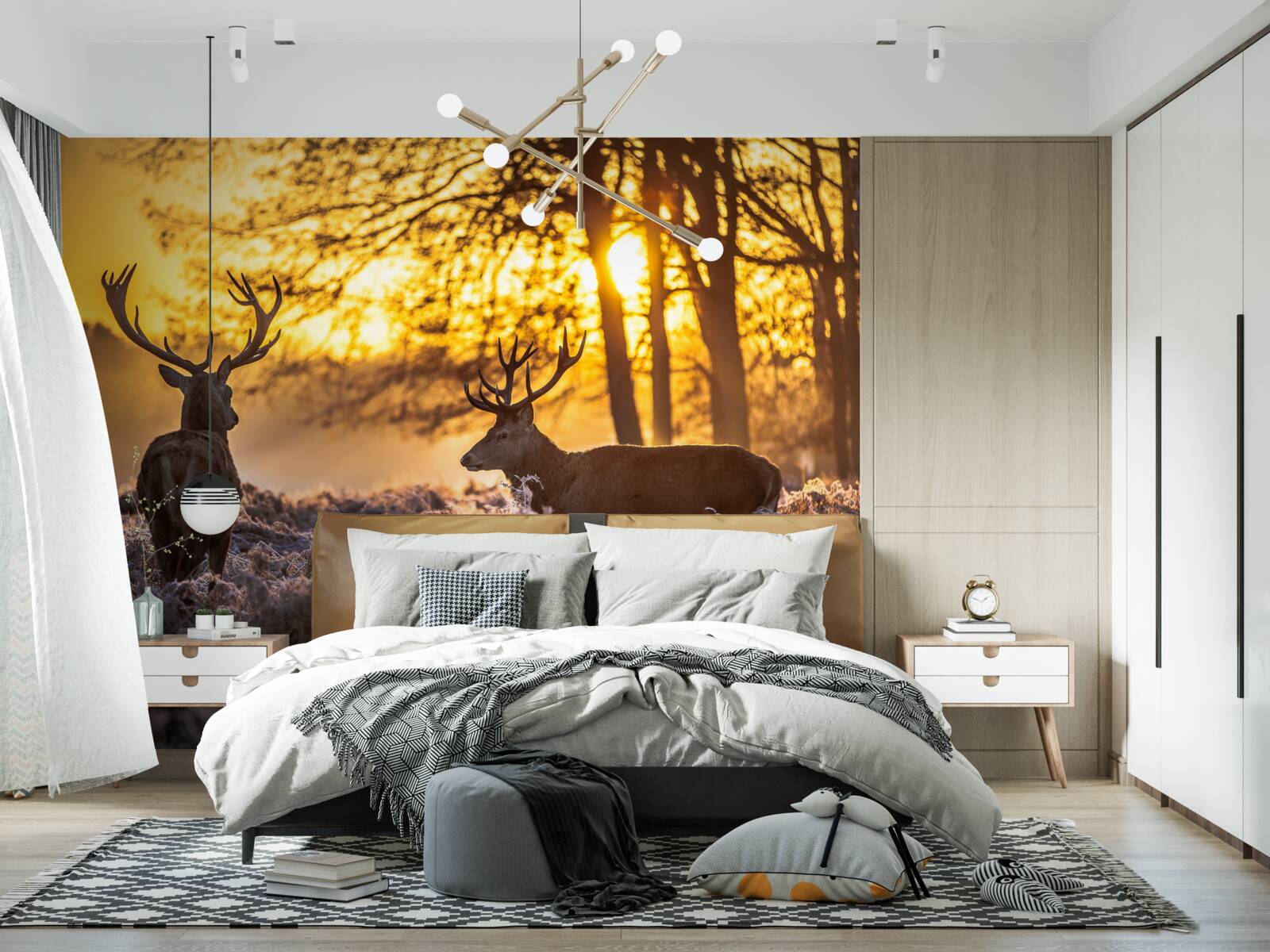 Papier peint le coucher de soleil est accompagné d'un chevreuil adulte