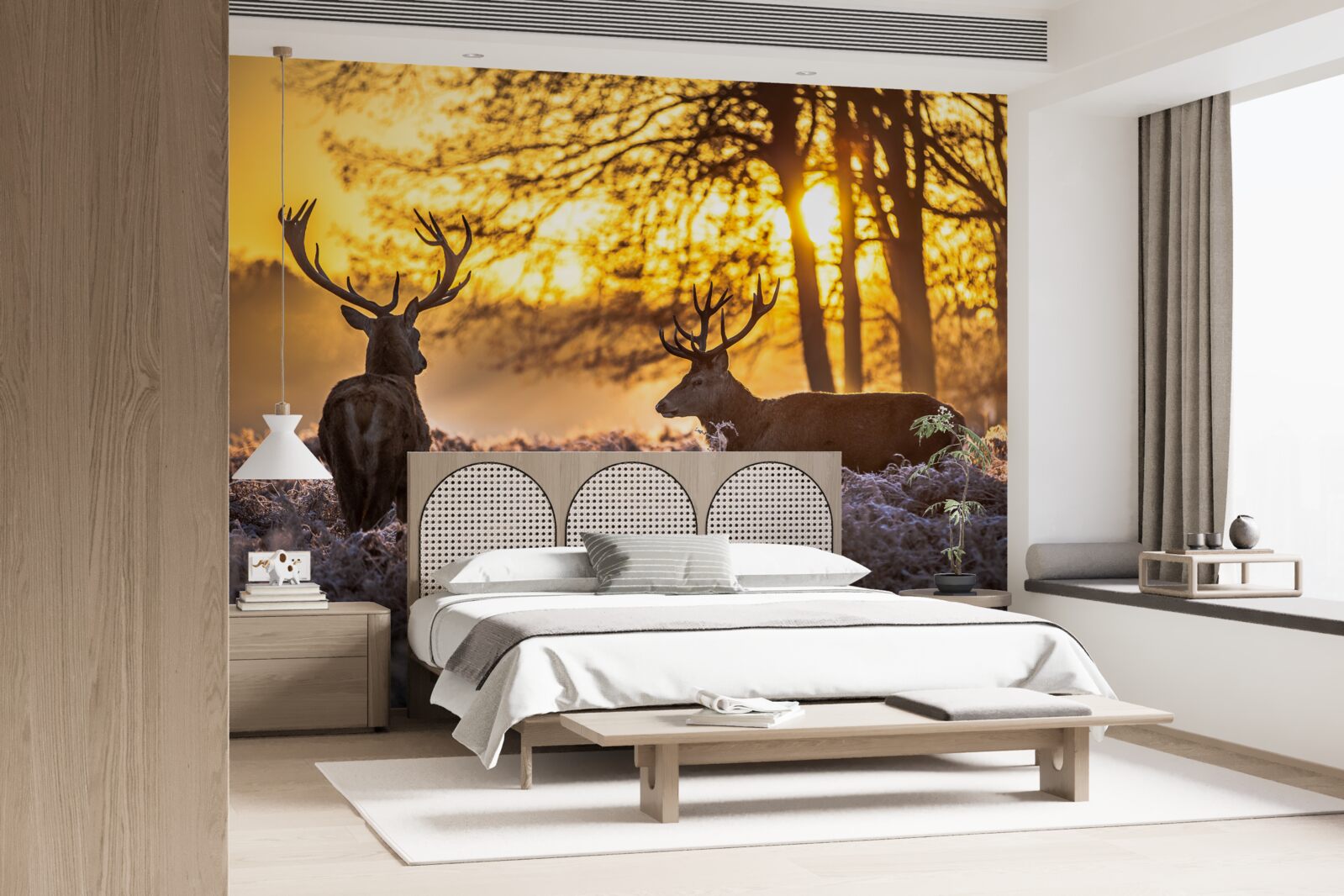 Papier peint le coucher de soleil est accompagné d'un chevreuil adulte