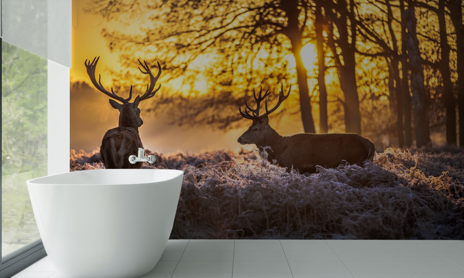 Papier peint le coucher de soleil est accompagné d'un chevreuil adulte