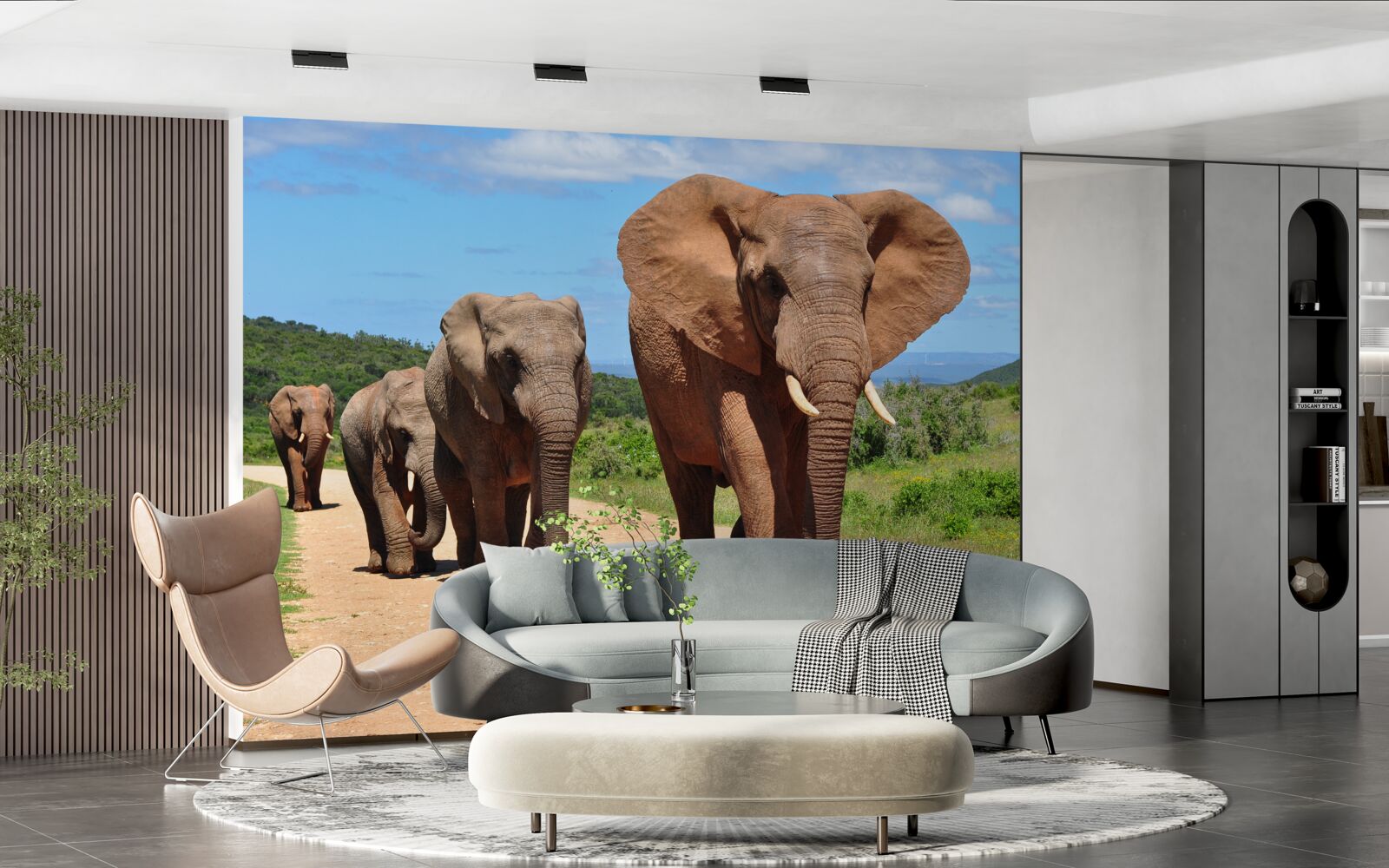 Papier peint Un groupe d'éléphants rentre chez lui en traversant un terrain sablonneux.