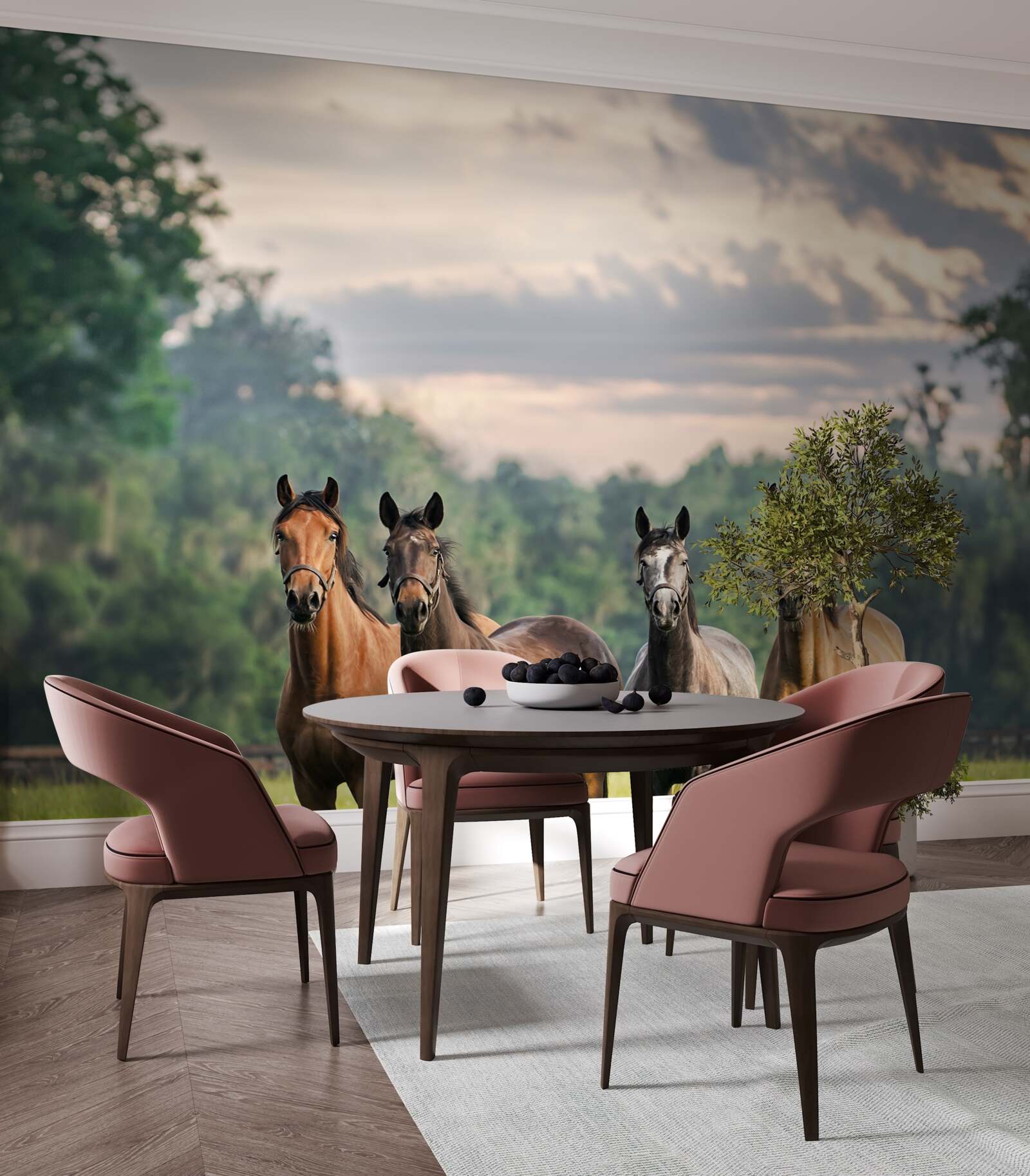 Papier peint quatre chevaux se reposant en troupeau dans un pré