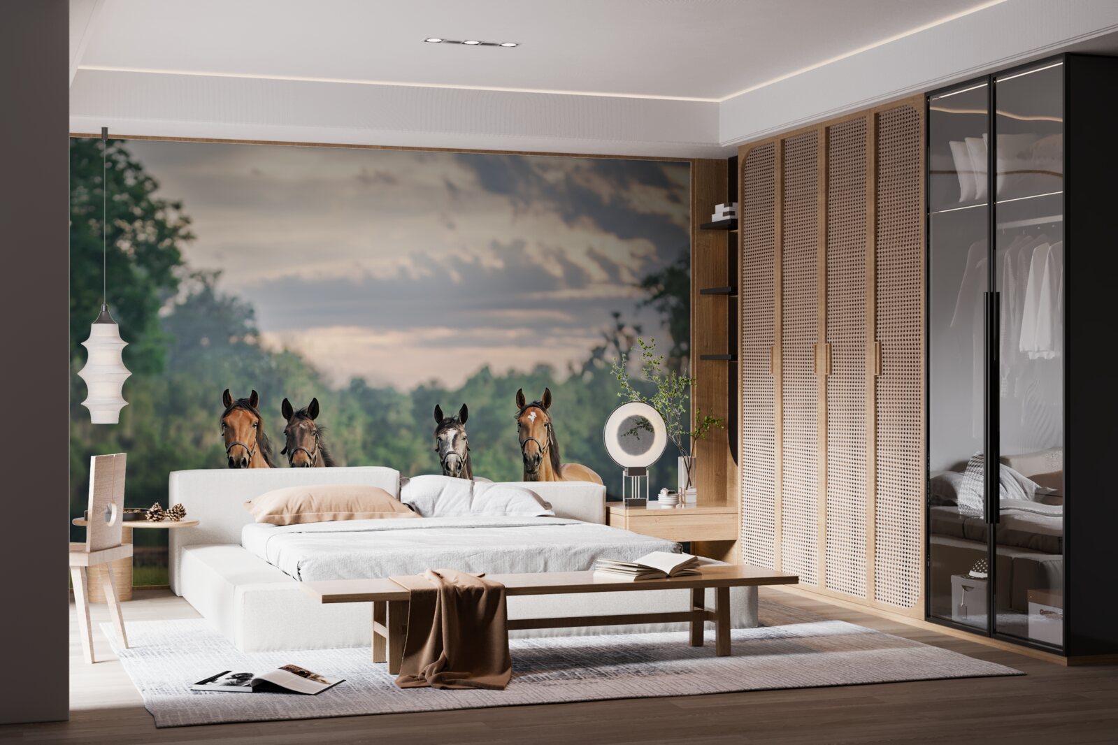 Papier peint quatre chevaux se reposant en troupeau dans un pré