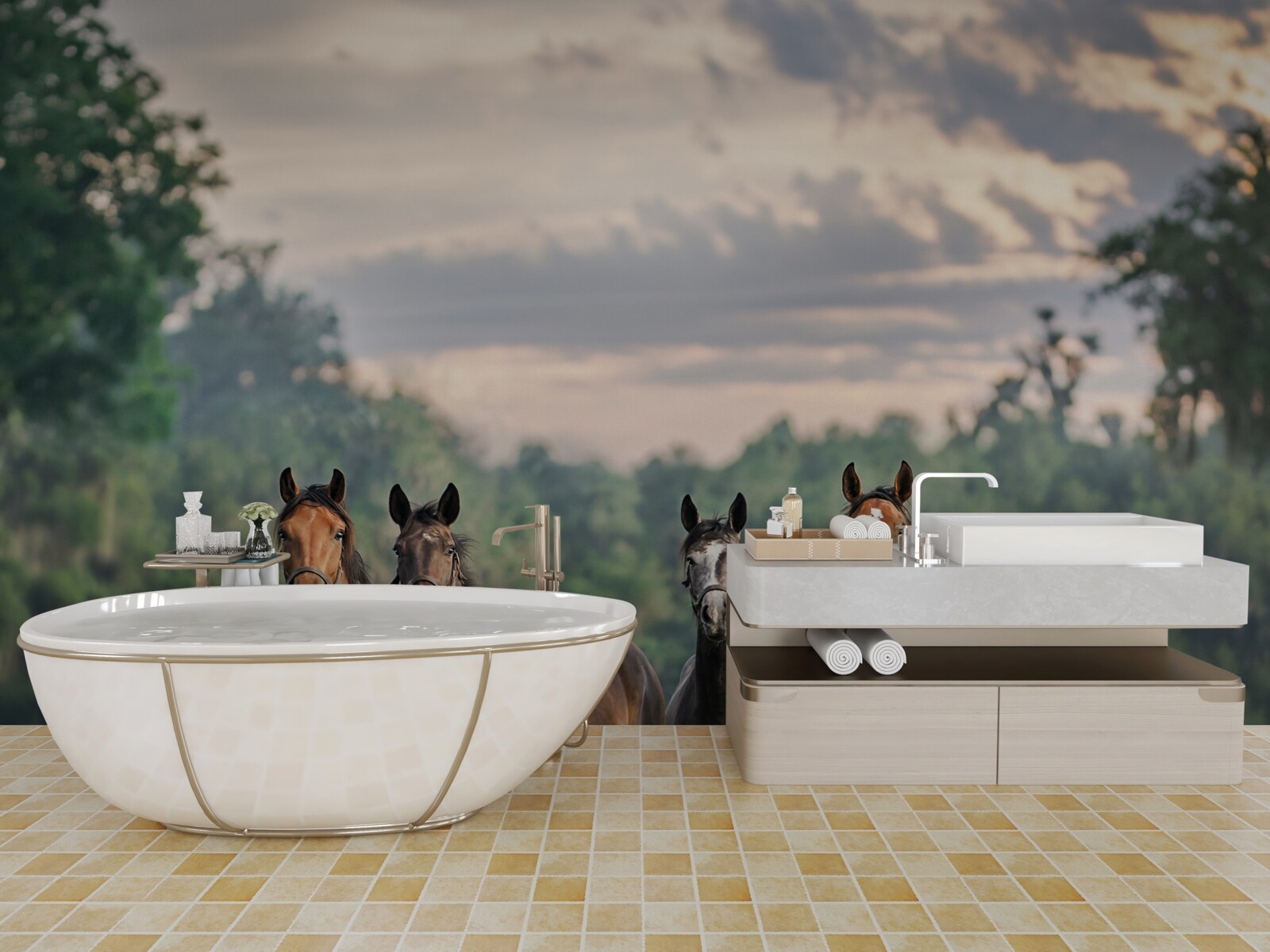 Papier peint quatre chevaux se reposant en troupeau dans un pré