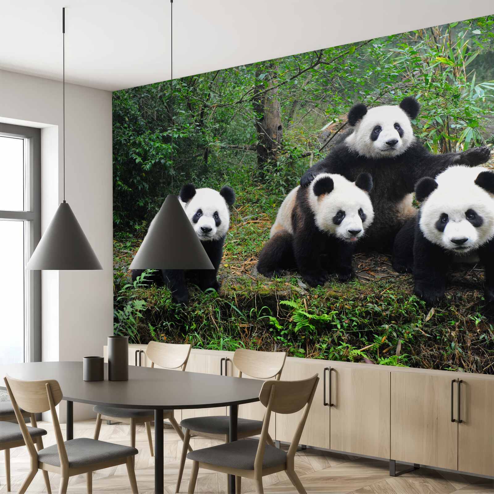 Papier peint une famille d'adorables pandas au repos