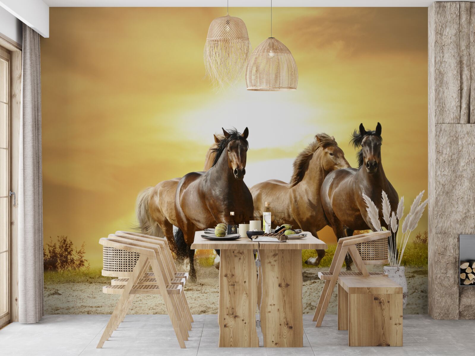 Papier peint les chevaux s'élancent vers le soleil couchant