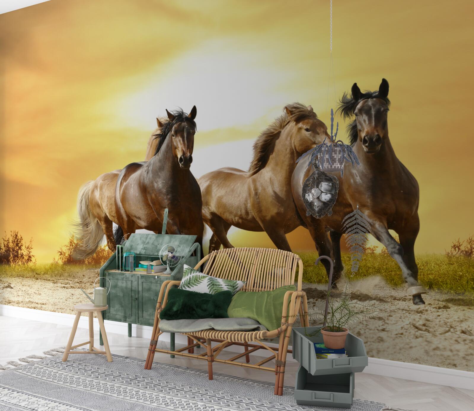 Papier peint les chevaux s'élancent vers le soleil couchant