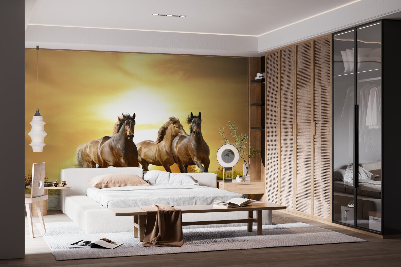 Papier peint les chevaux s'élancent vers le soleil couchant