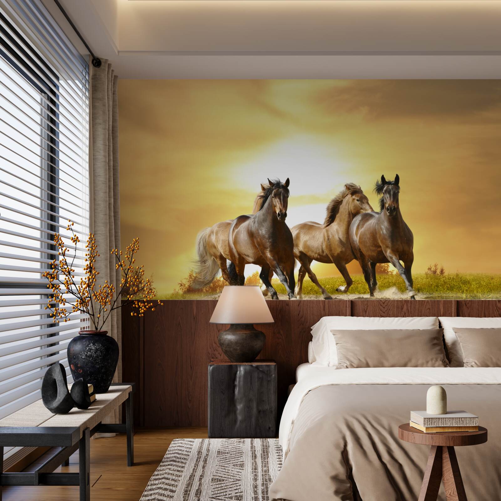 Papier peint les chevaux s'élancent vers le soleil couchant