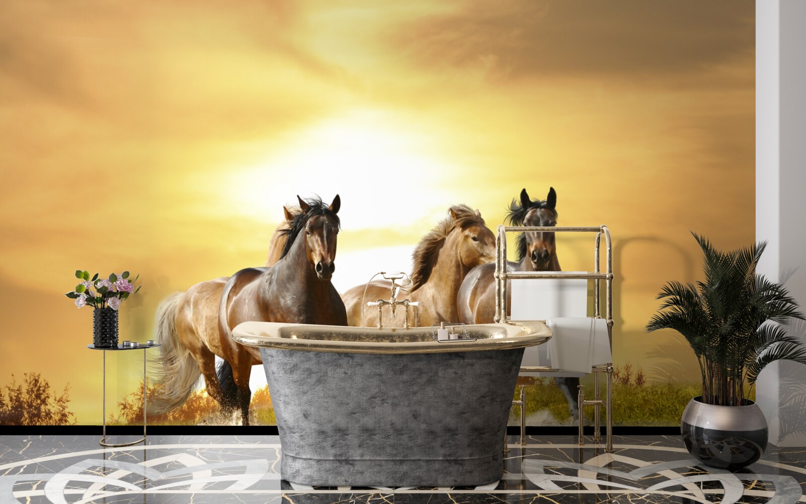 Papier peint les chevaux s'élancent vers le soleil couchant