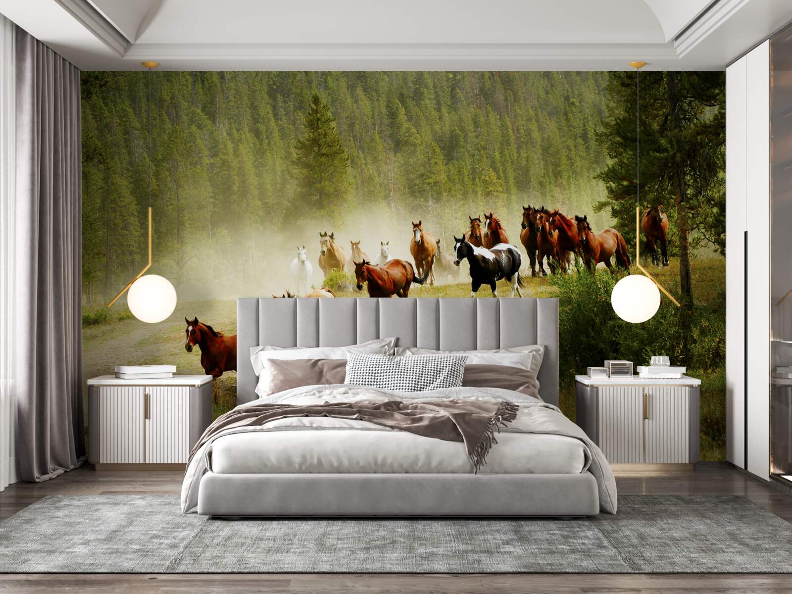 Papier peint chevaux en pleine course dans la forêt