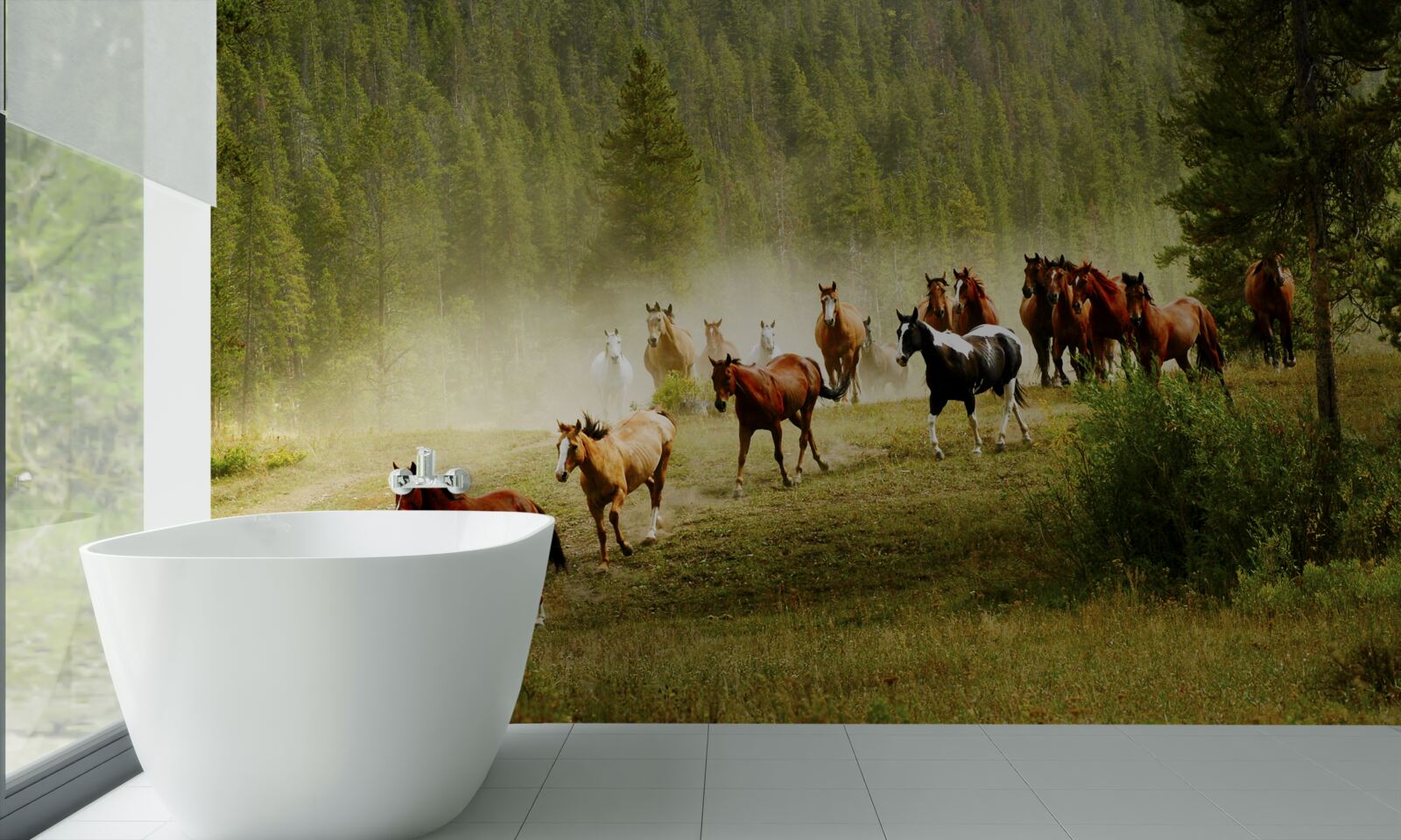 Papier peint chevaux en pleine course dans la forêt