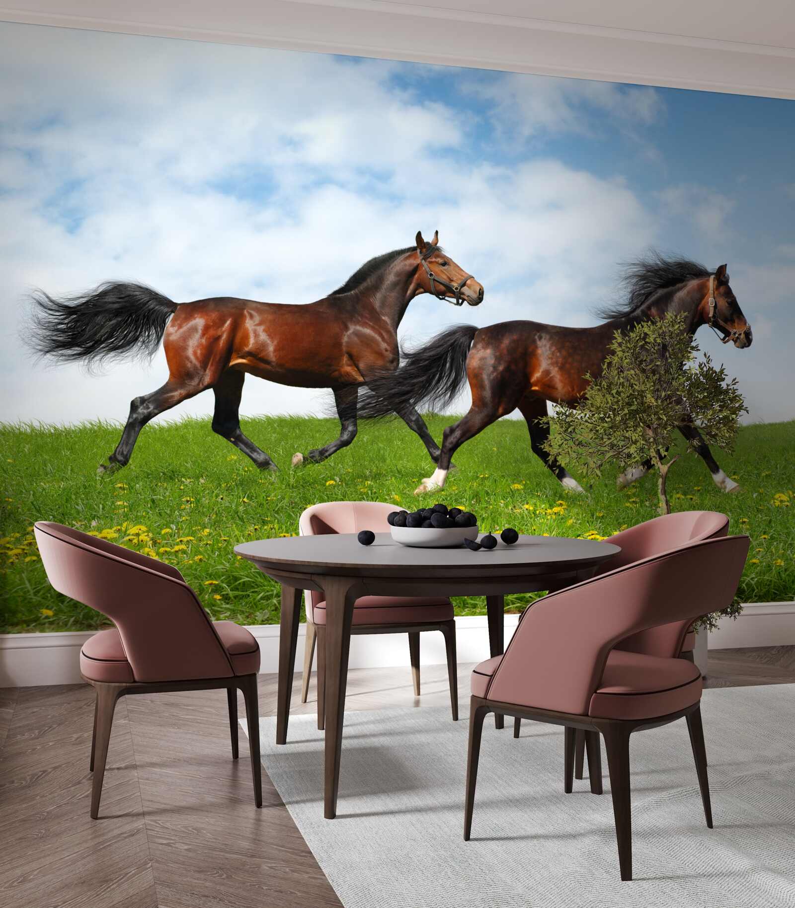 Papier peint chevaux anciens courant dans une clairière