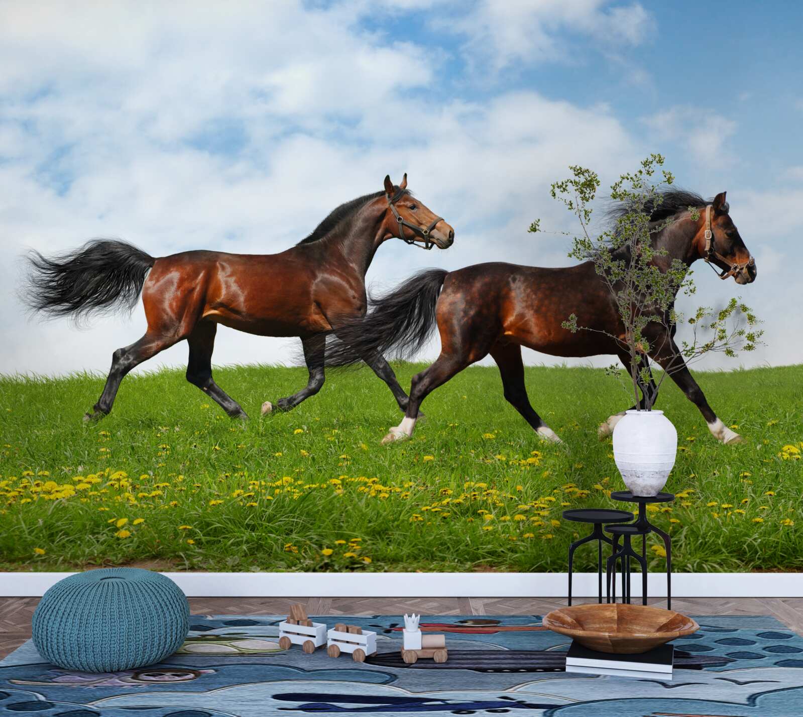 Papier peint chevaux anciens courant dans une clairière