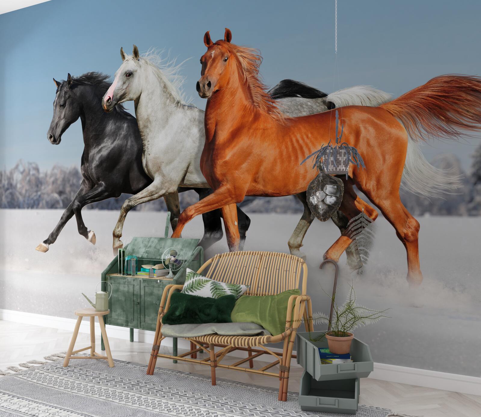 Papier peint trois chevaux au galop sur un sol enneigé