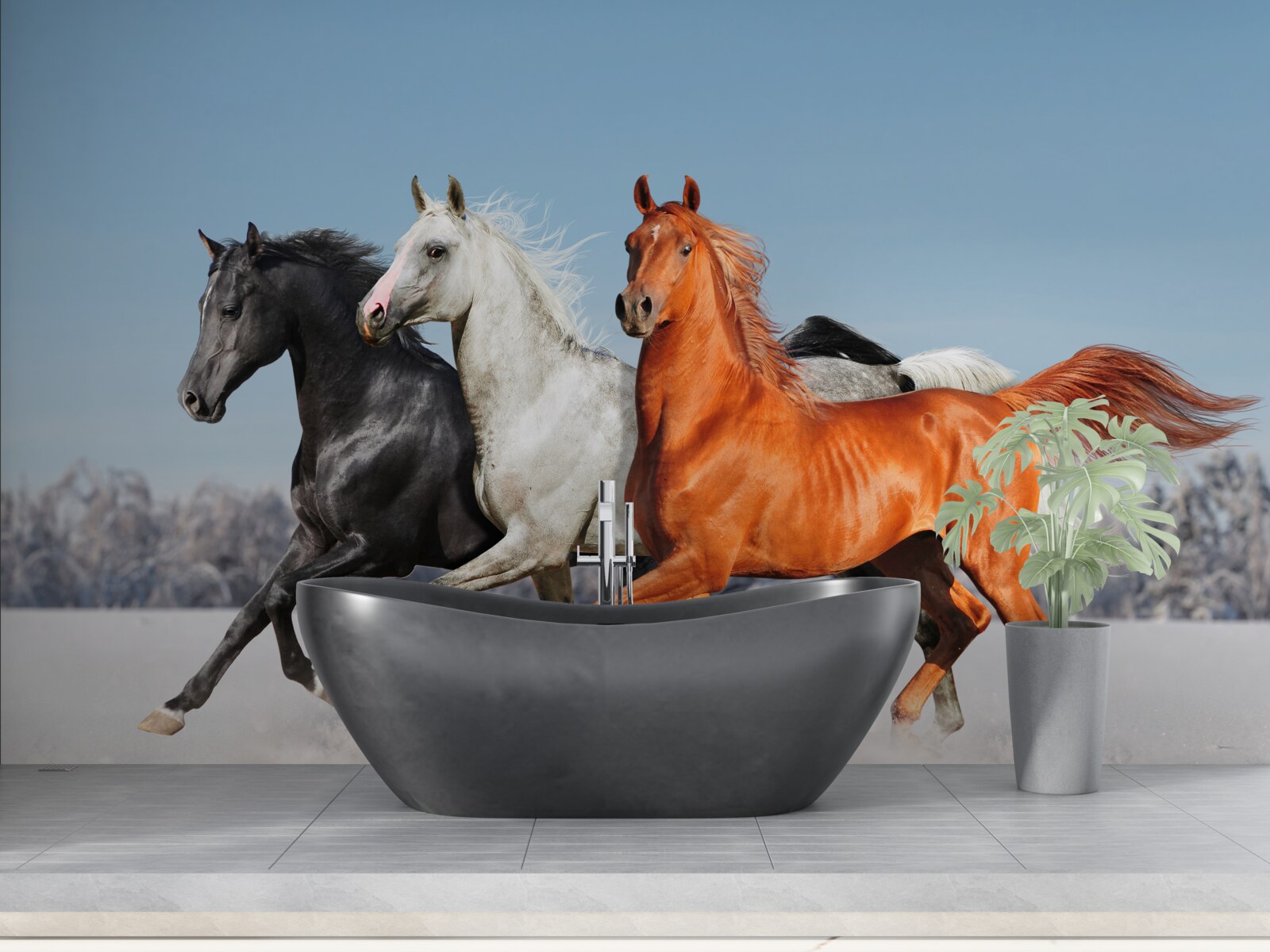 Papier peint trois chevaux au galop sur un sol enneigé