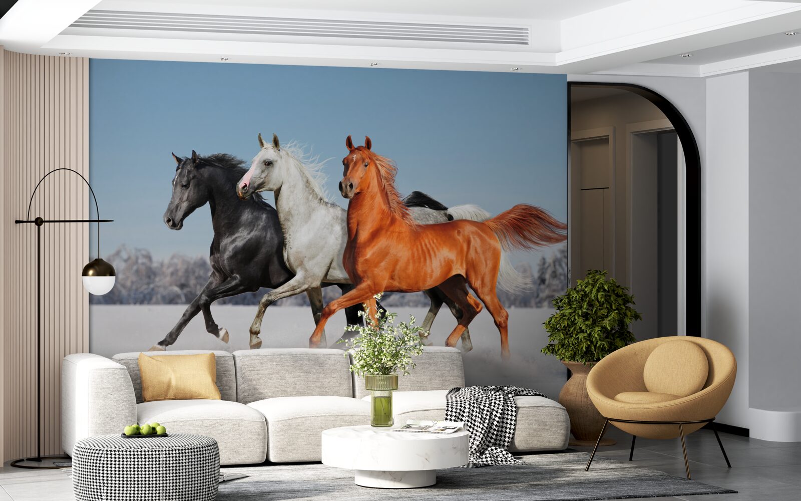 Papier peint trois chevaux au galop sur un sol enneigé
