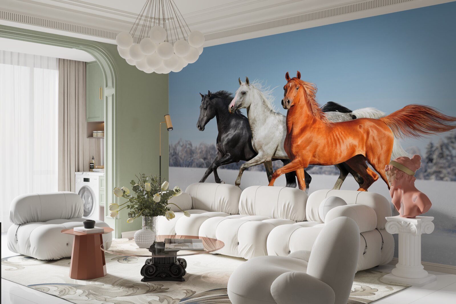 Papier peint trois chevaux au galop sur un sol enneigé