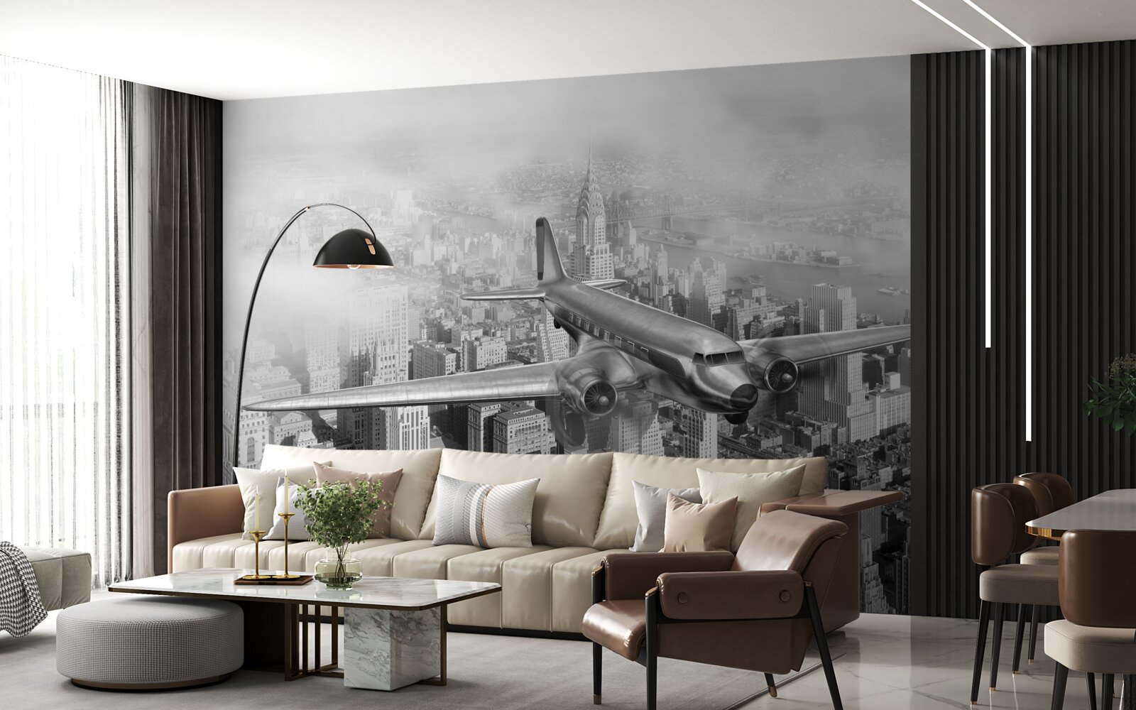 Papier peint transport aérien au-dessus d'une ville géante