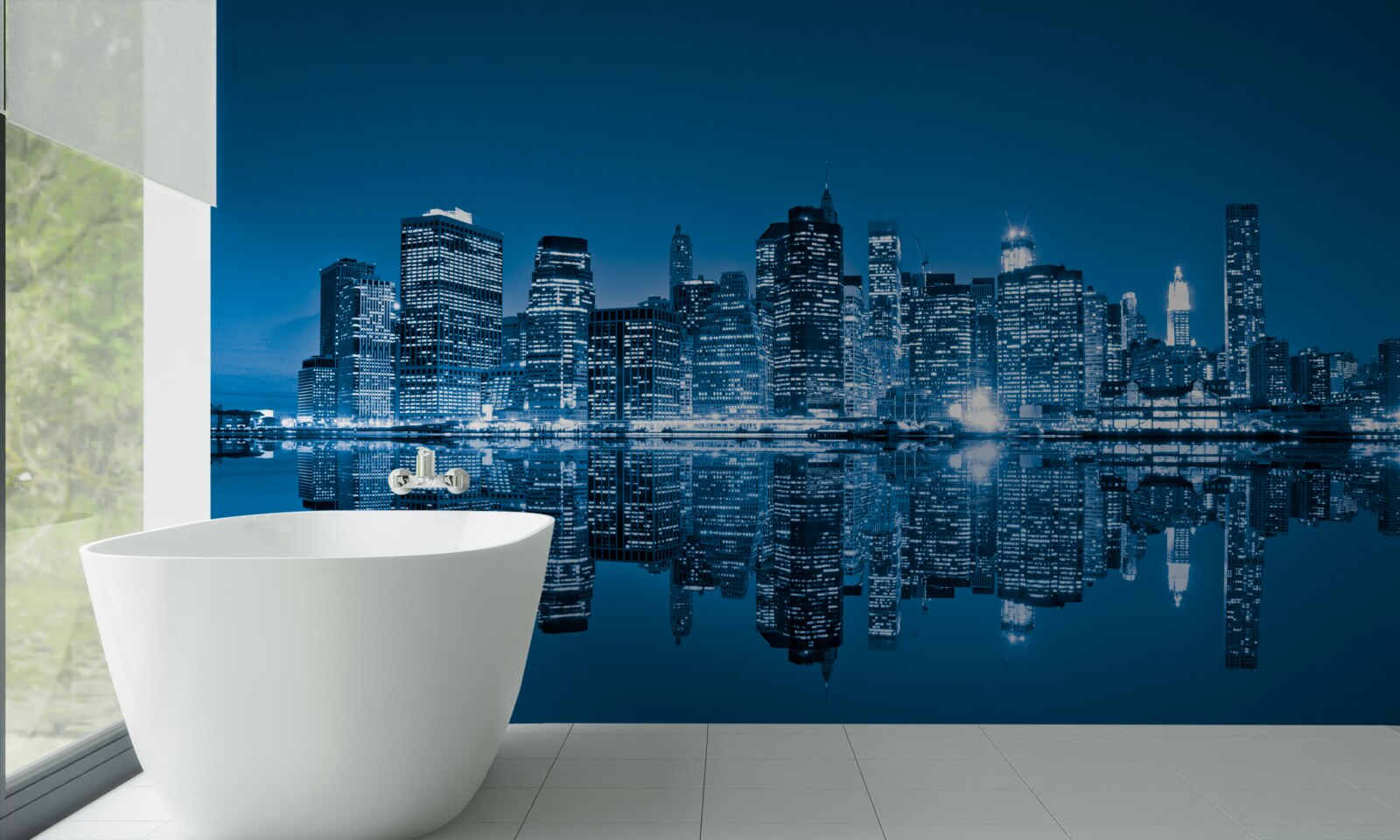 Papier peint reflet de bâtiments bleu foncé dans l'eau