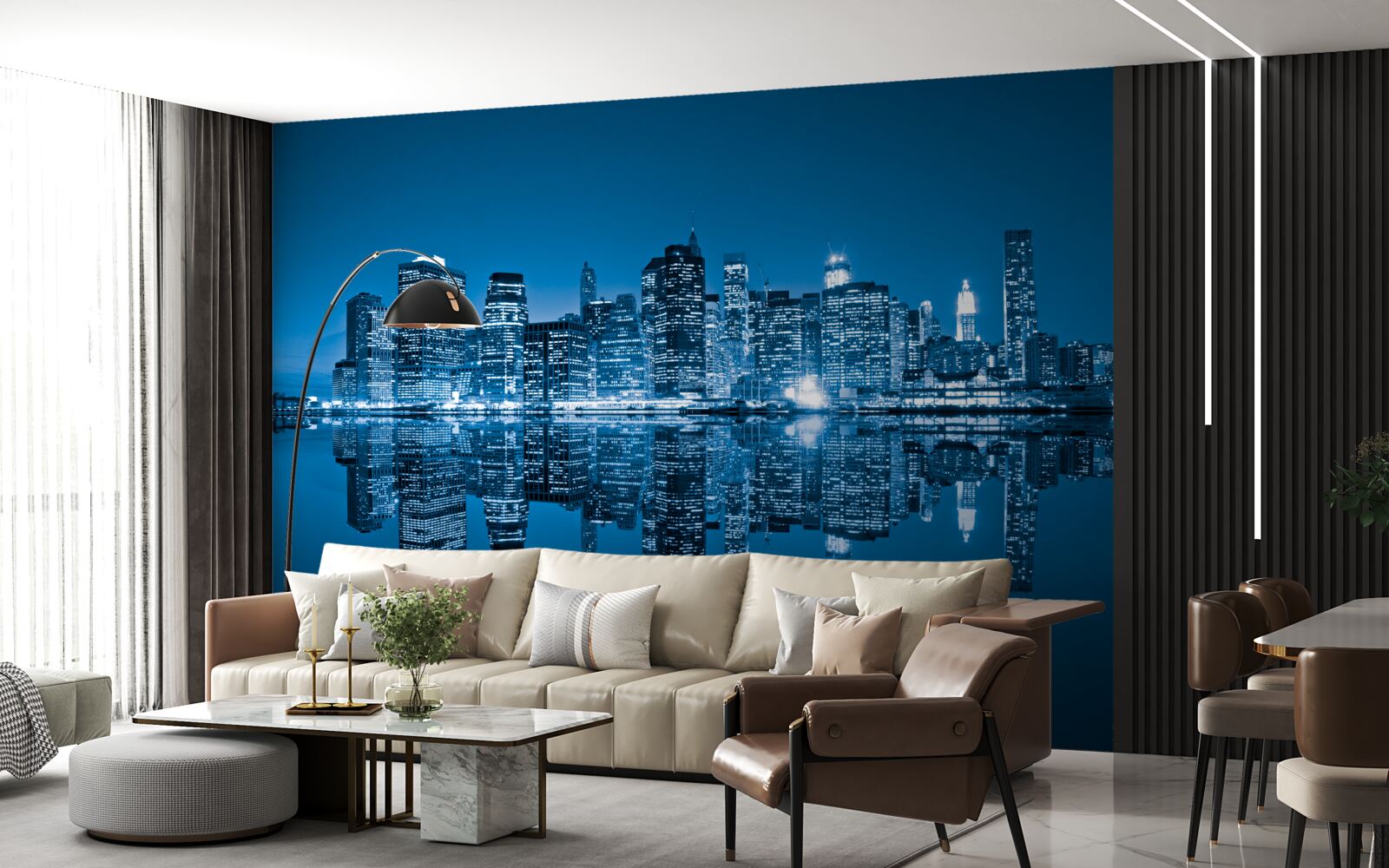 Papier peint reflet de bâtiments bleu foncé dans l'eau