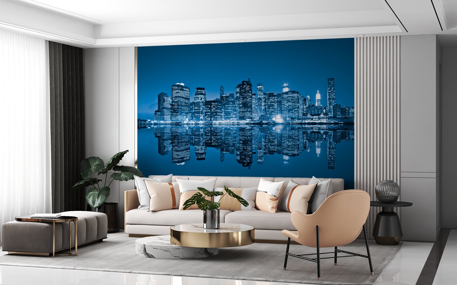 Papier peint reflet de bâtiments bleu foncé dans l'eau