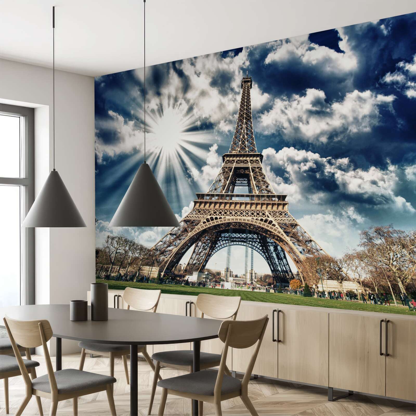 Papier peint soleil sur la tour eiffel