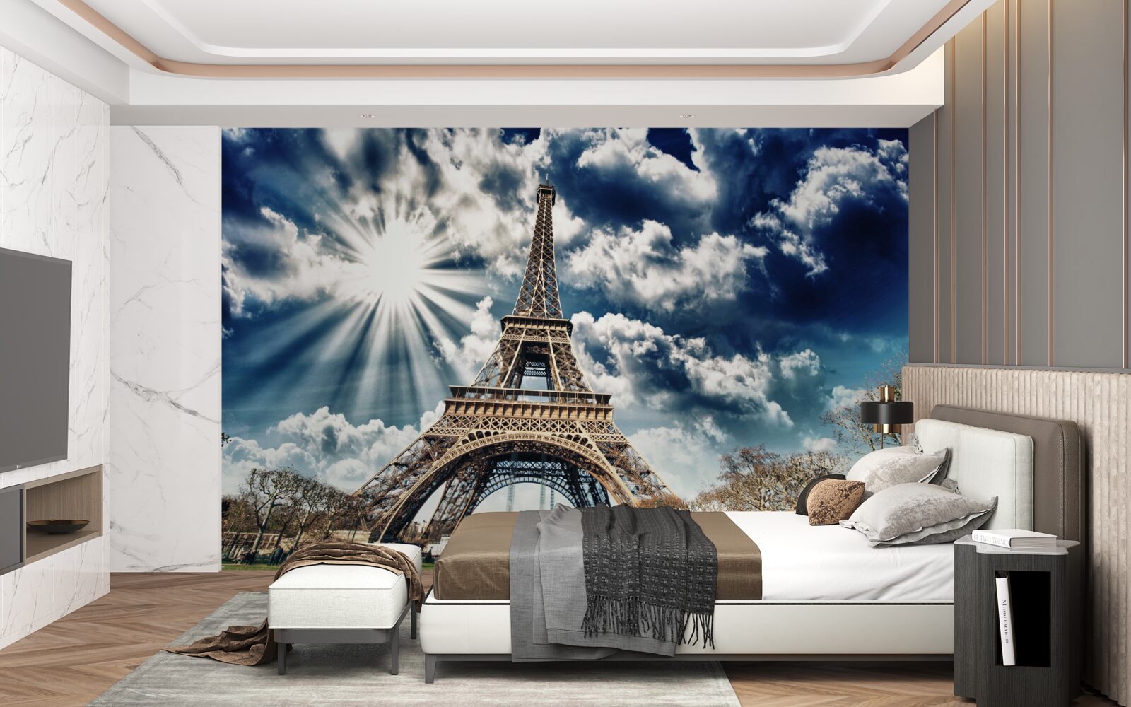 Papier peint soleil sur la tour eiffel