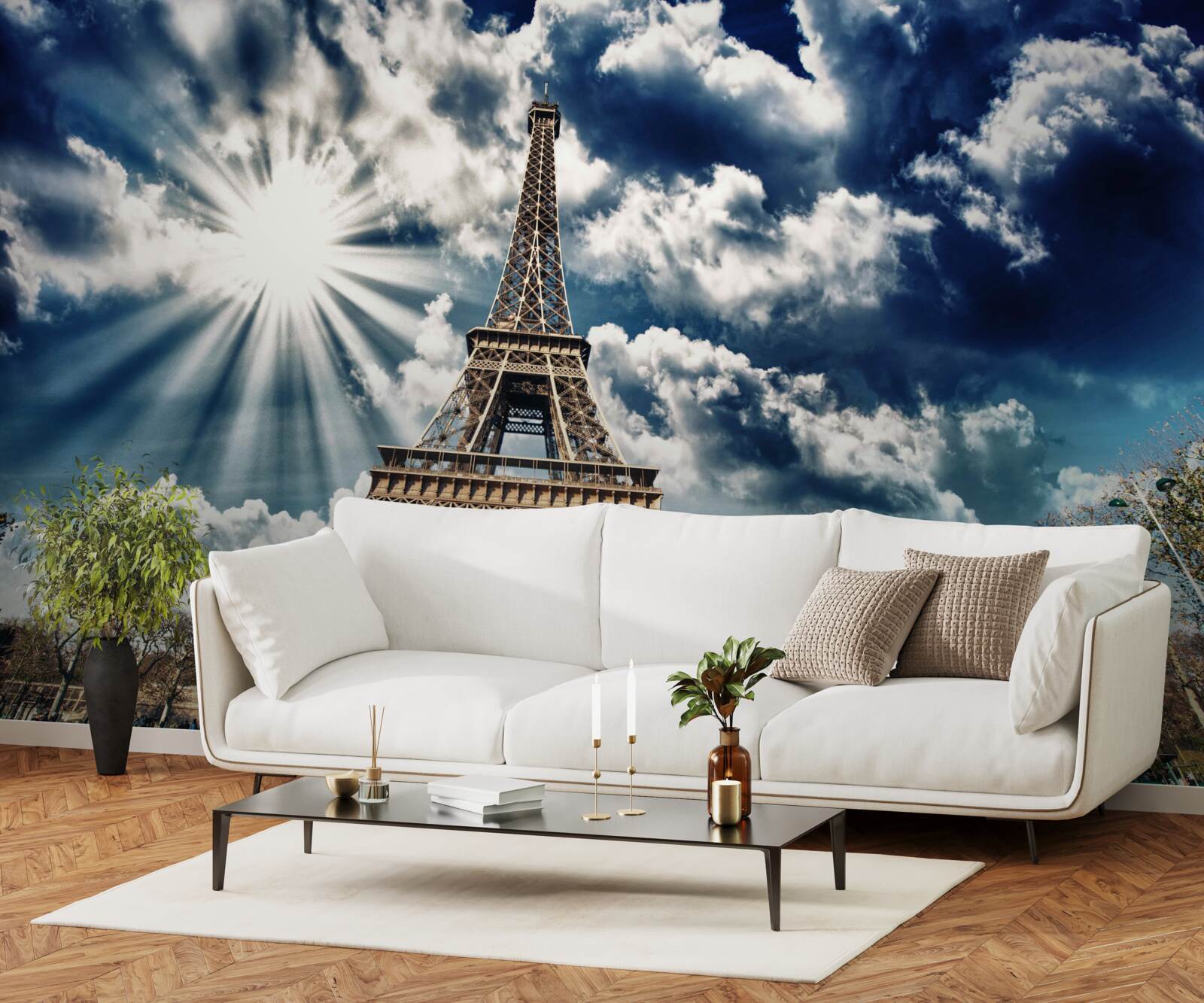 Papier peint soleil sur la tour eiffel