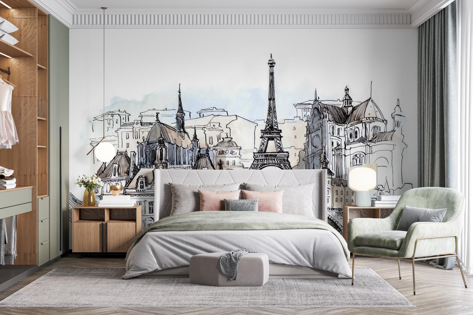 Papier peint Paysages parisiens reproduits à l'aquarelle