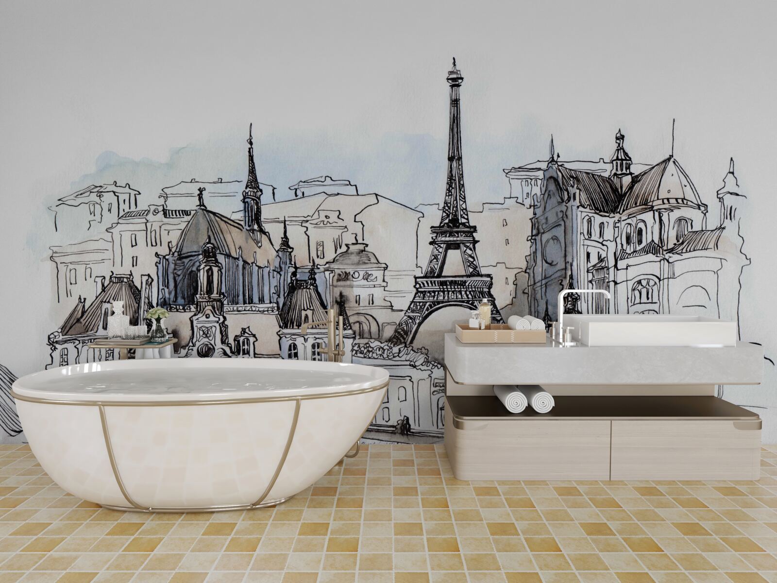 Papier peint Paysages parisiens reproduits à l'aquarelle