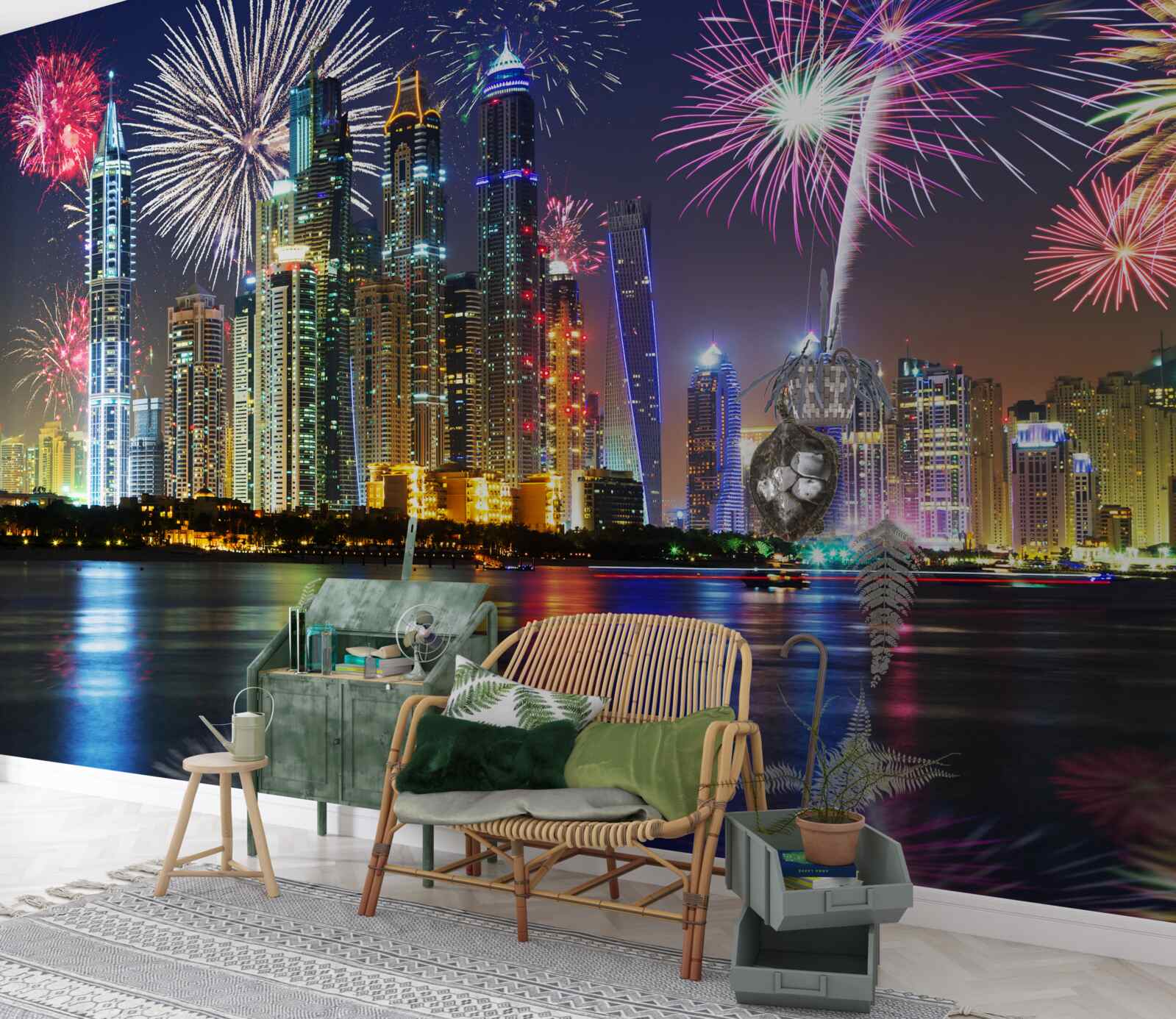 Papier peint feux d'artifice lumineux dans le ciel de la ville