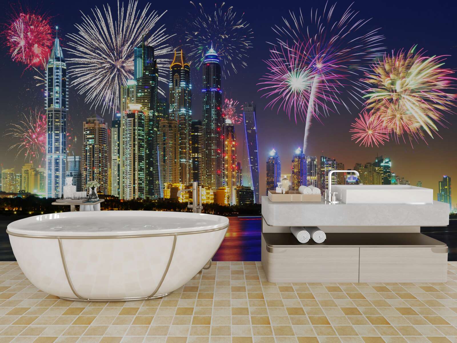 Papier peint feux d'artifice lumineux dans le ciel de la ville