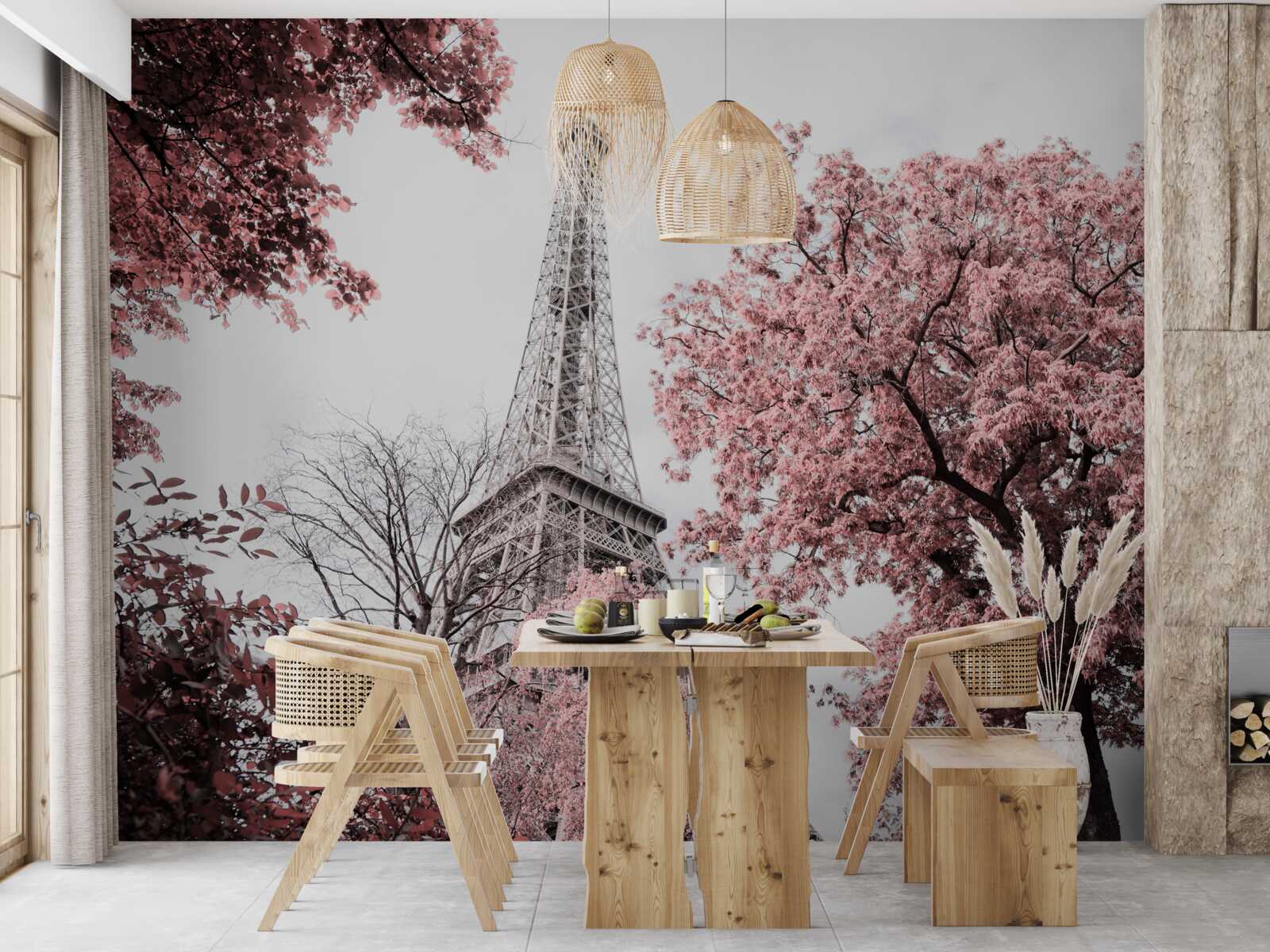 Papier peint tour eiffel entourée de cerisiers en fleurs